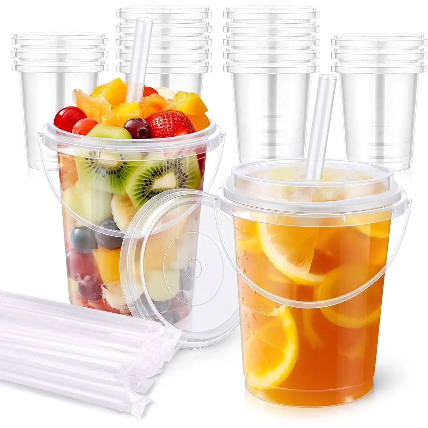 15 Pack 34 oz Drink Buckets with  and Straws, Clear Bucket Cups | Colorful Drink Display, Party Drink Setup, Easy Carry Handle, Fruit , Iced Coffee, Bubble , Birthday, BBQs & Parties
