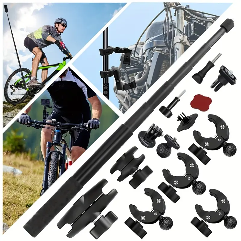 2026 New Motorcycle Mount Kit, Suitable for Insta360 One X5 X4 X3 X2 RS DJI OSMO Gopro, Robust Motorcycle Clamp Mount, Extendable Panoramic Stick, Non-Slip CNC Base, Ideal for Cycling Videos, Umbrella Clamp