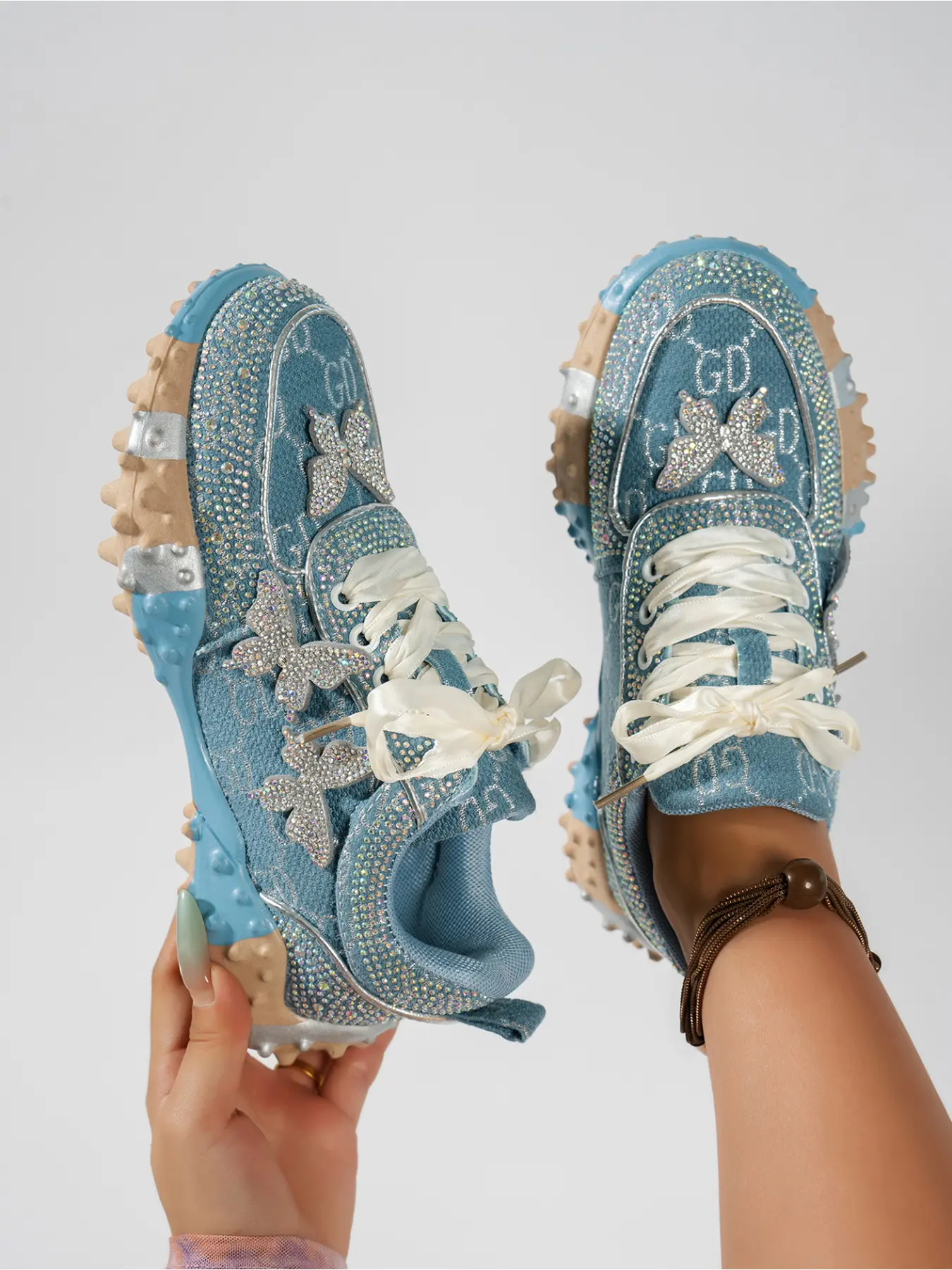 Ladies Washed Denim Rhinestone Butterfly Low Chunky Thick Soled Sneakers 3.5cm Anti Slip Spike Sole Sparkly Decor Nightclub Concert Daily Footwear