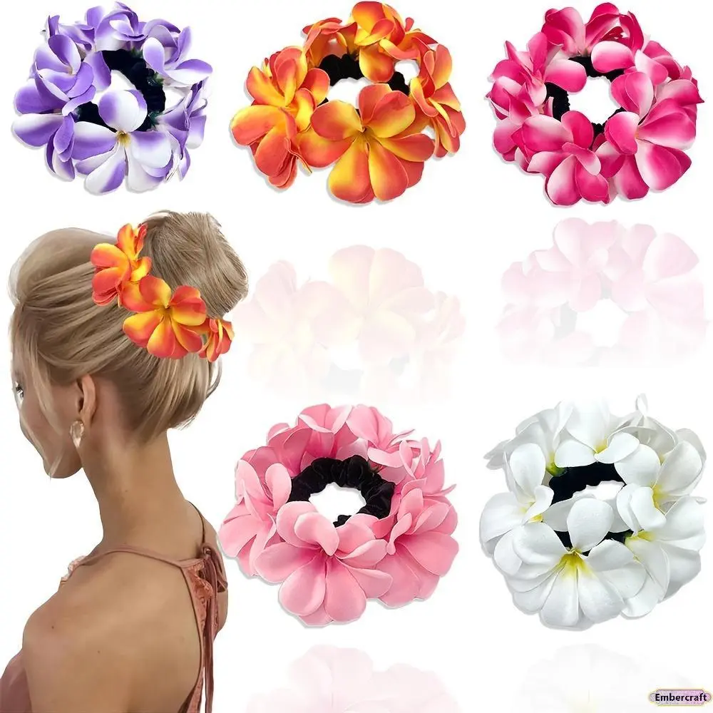 Women's 5-Piece Mixed Color PVC Hawaiian Plumeria Flower Scrunchies - Fashion Accessories Kit Hairbands & Scrunchies, Colorful Hair Ties, Tropical Boho Ethnic Hair Accessory for Beach Vacation, Messy Buns