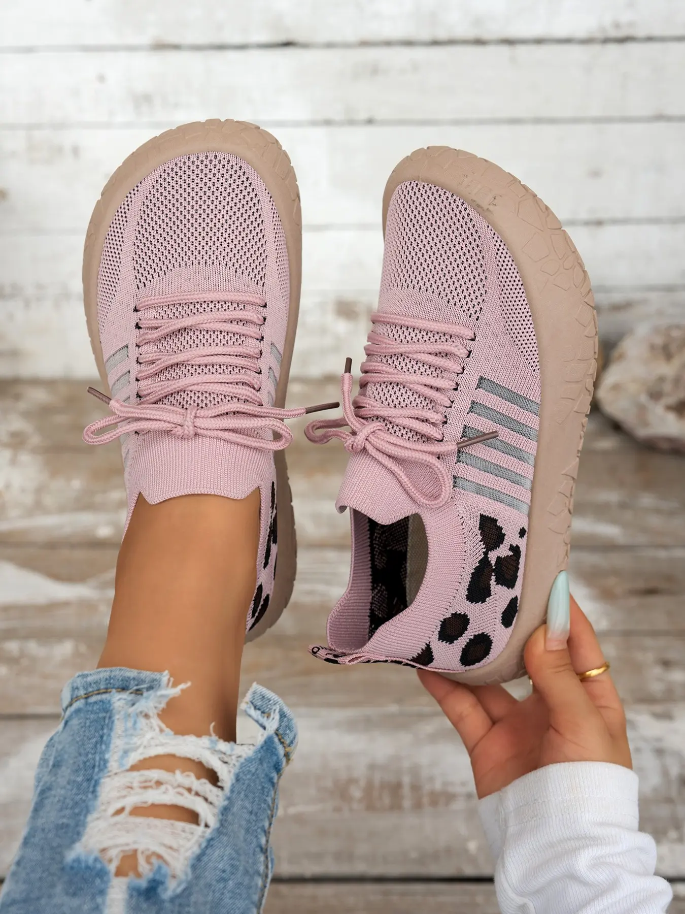 Women's New Breathable Elastic Sock Sneakers, Thick Sole Anti-Slip Tire Bottom, Leopard Pattern Knit Sports Shoes, Casual Outdoor Walking Shoes