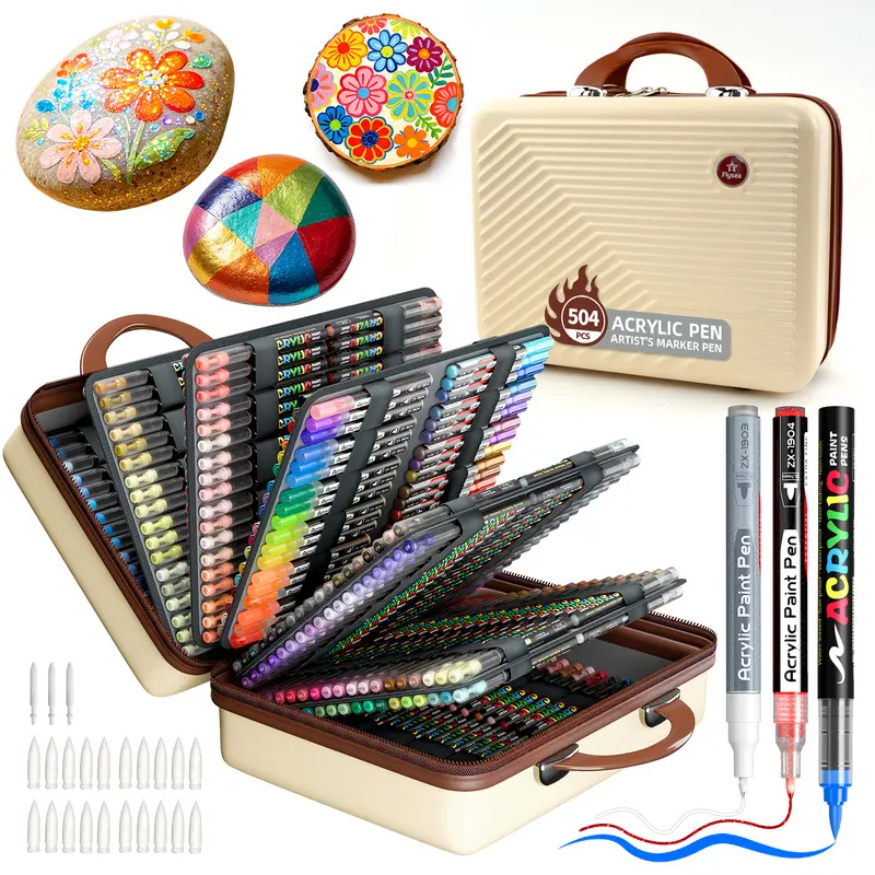 504 Colors Acrylic Markers Set with Storage Box, Artist Supplies, Dual Color Rich Pigment Acrylic Paint Pens with Soft Brush Tips, Permanent Paint Markers for Rock, Wood, Canvas, Glass, Fabric and Crafts