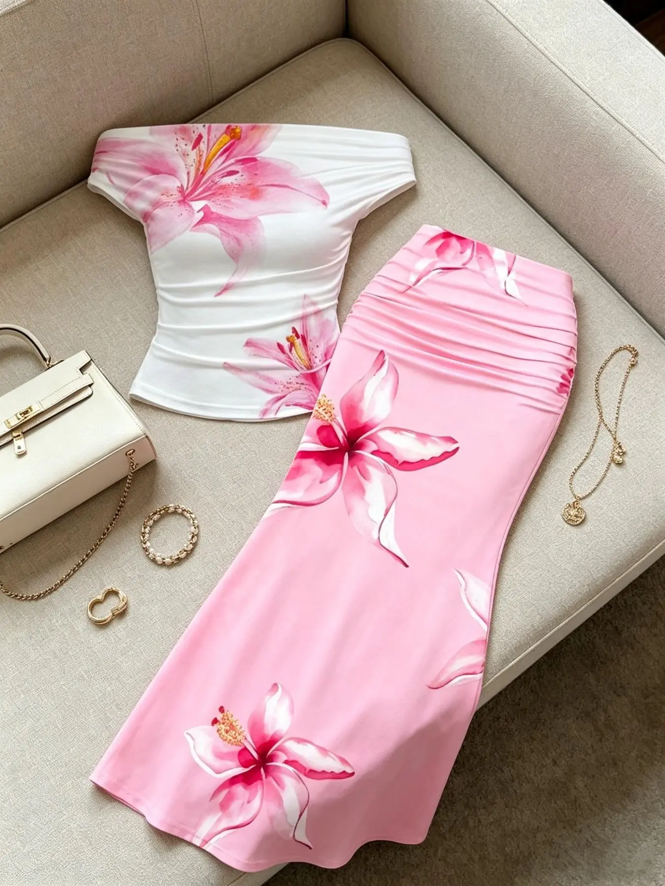 Elegant Floral Print One-Shoulder Top and High-Waisted Fish Tail Skirt Set, Sweet Cute Vacation for Girls, Chic Stylish Summer Ensemble