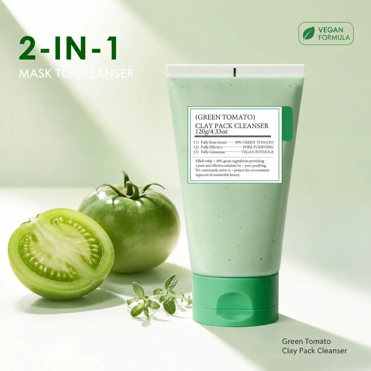 Green Tomato 2 In 1 Clay Pack Cleanser Transform Mask Into Foam Deep Pore Cleansing Remove Blackheads Oil Gentle Soothing Hydrating Non-Comedogenic Face Wash For Sensitive Acne Prone Skin