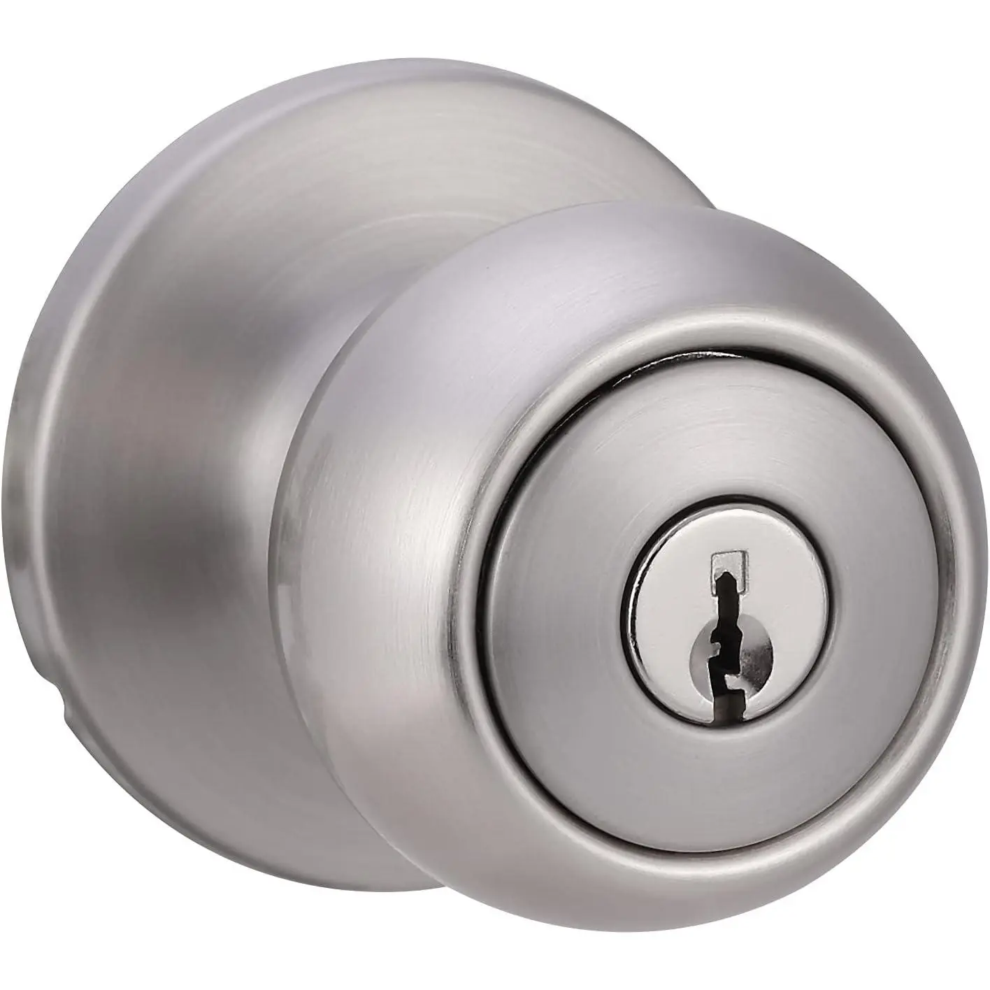 Satin Nickel Coastal Style Exterior Door Knob with Lock, Brass Body, KW1 Keyway, Easy Install, Latch Adjusts, Steel Faceplate, 2 Keys