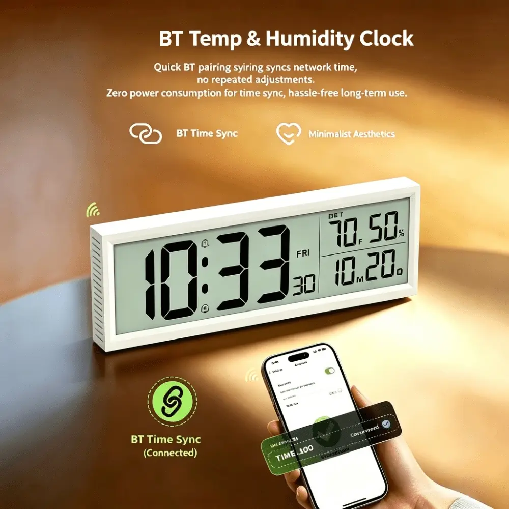 Phone Auto Sync Digital Wall & Desk Clock, Minimalist LCD Alarm Clock with Dual Independent Alarms, Indoor Temperature Humidity Monitor, Date Week DST Display, Time Temperature Display, 2 Ways Mountable Tabletop & Hanging Clock for Home Decor