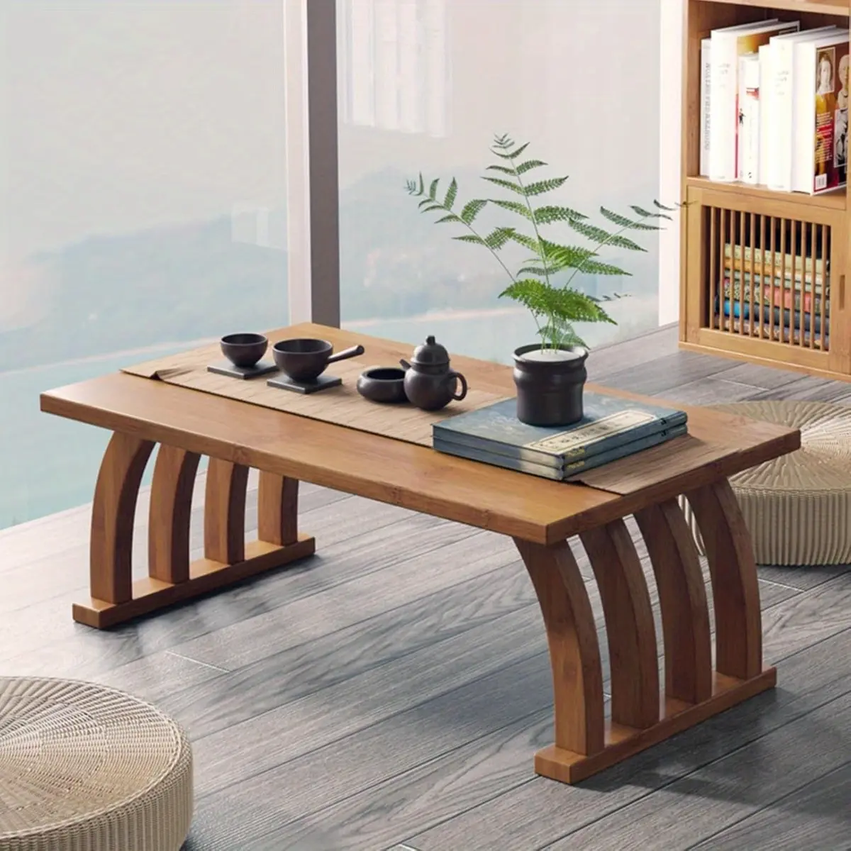Japanese Bamboo Floor Table - Small Low Coffee Table with Faux Marble Top, Space-Saving Design for Living Room, Meditation Altar, Bedroom - Compact Home Decor, Easy Assembly, No Power Needed, Meditation Table, Minimalist Decor, Natural Texture