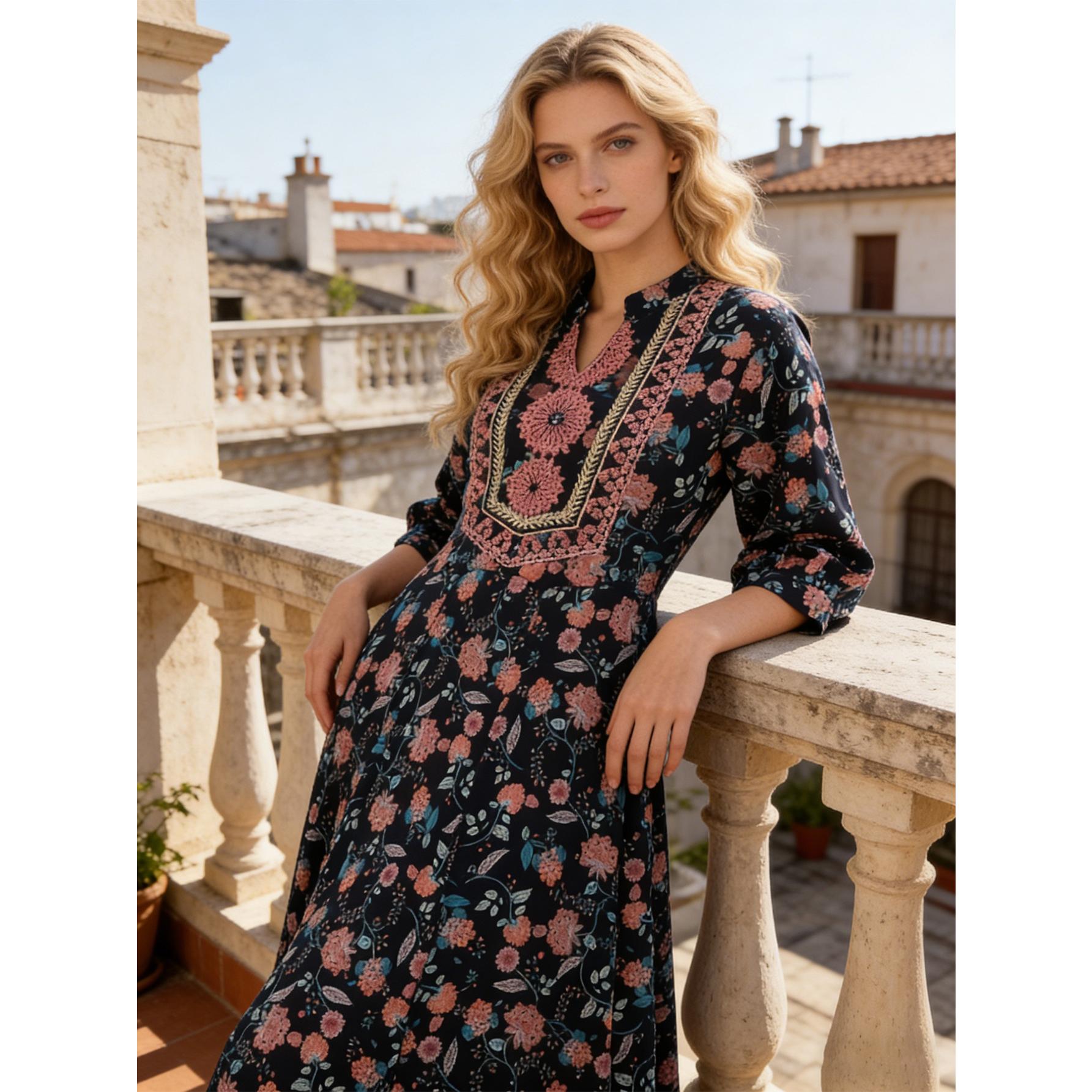 Boho Floral Embroidery Maxi Dress Elegant V-Neck Flowy Gown | Size Inclusive S-4XL Oversize | Perfect for Vacation, Church, Family Photos & Summer Weddings