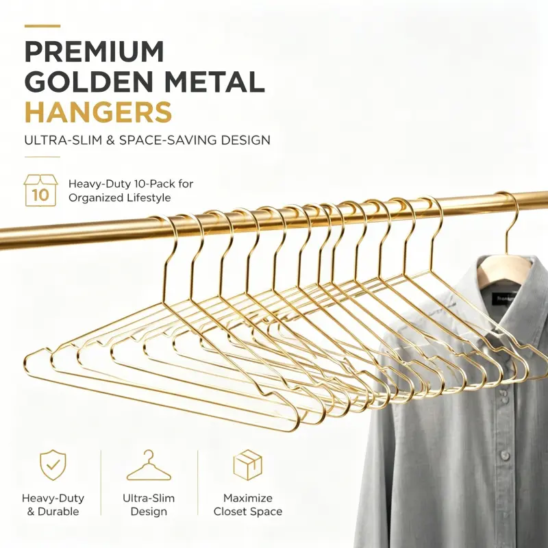 Maximize Closet Space Golden Metal Wire Hangers 10 Count Sturdy Heavy Duty Non Deform Clothing Storage Hanger