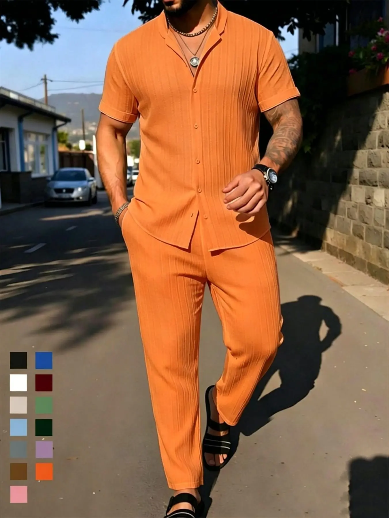 Men's Casual Plain Texture Short Sleeve Shirt and Elastic Waist Loose Straight Pants Set, Menswear, Comfortable Breathable Fabric, Perfect for Summer Activities