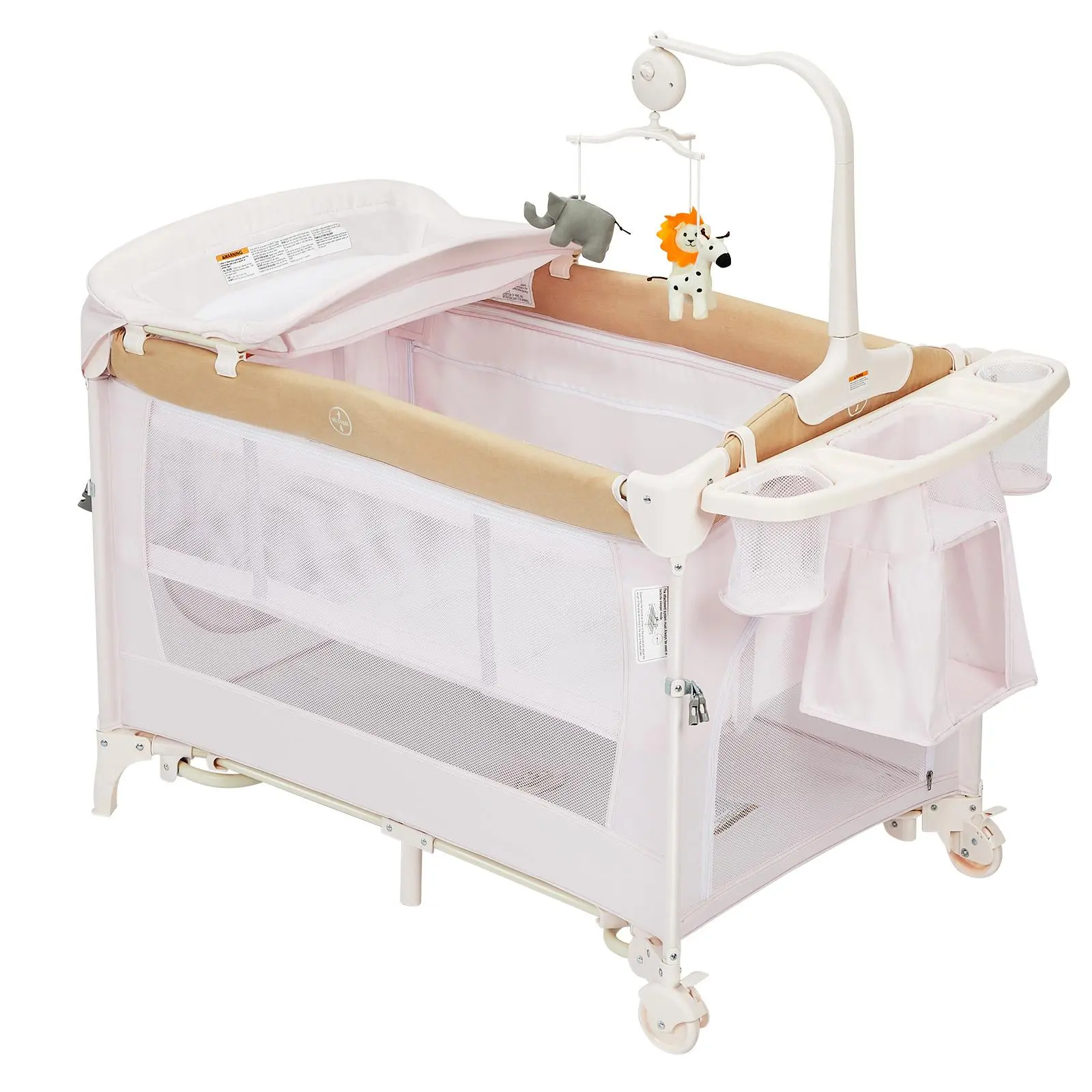 4-in-1 Baby Playard with Bassinet, Changing Table & Bedside Sleeper, Portable Foldable Playpen for Infants Toddlers up to 33lbs, Steel Frame Breathable Mesh, Storage Basket, Toy Bar, Nursery Essentials for Small Spaces, Travel Friendly