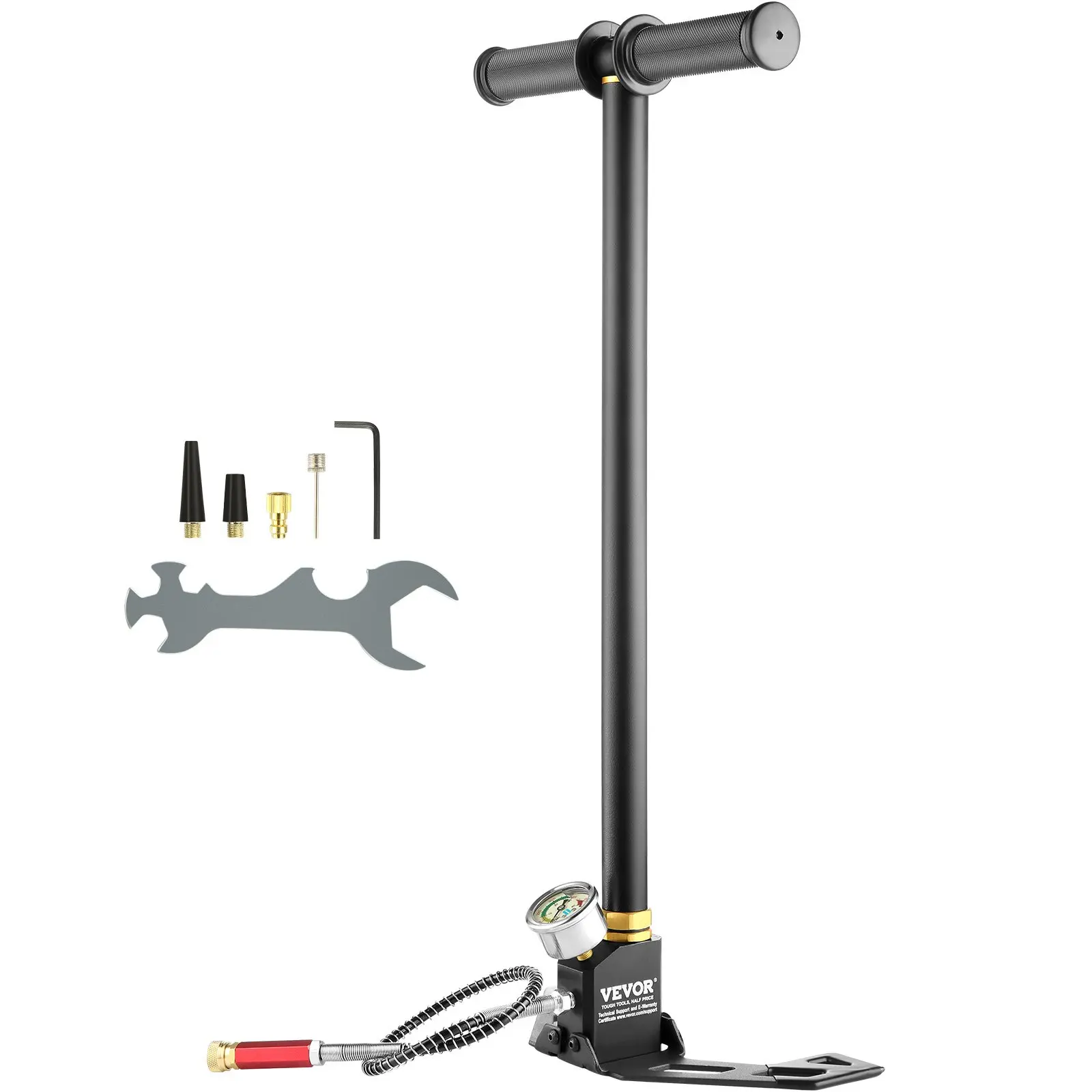 VEVOR Compact 3-Stage Stainless Steel PCP Hand Pump with 3-Stage Pump Technology, 30Mpa/4500 PSI High Pressure Inflation, Oil Filter, Pressure Gauge, 5 Lbs Foldable Base, Rubber Grip for Airguns, Bikes, Scuba Gear