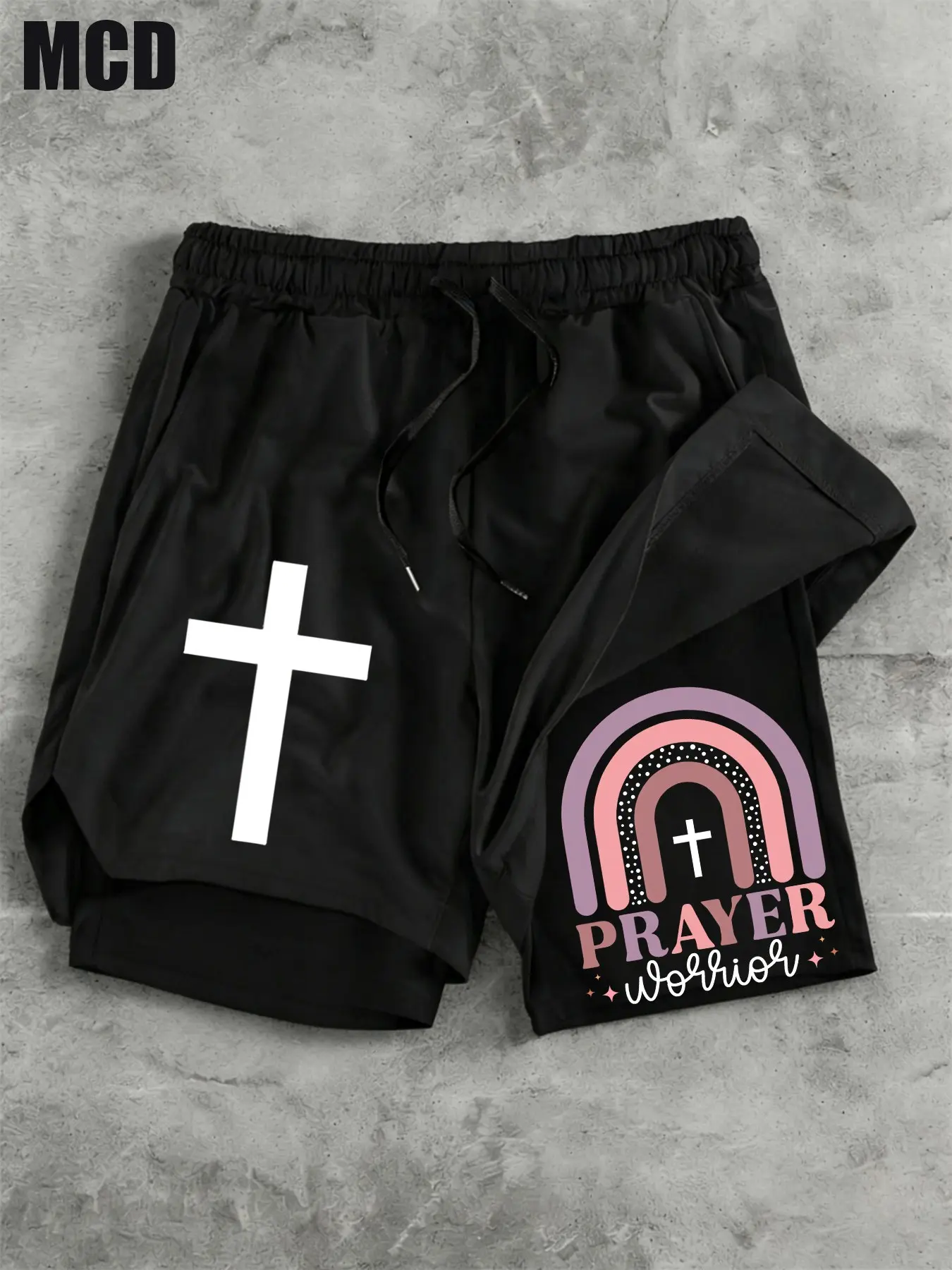 Mcd Prayer Warrior Pastel Rainbow Cross Print Shorts, Unisex Quick Dry Drawstring Athletic Shorts, Casual Gym Beach Wear