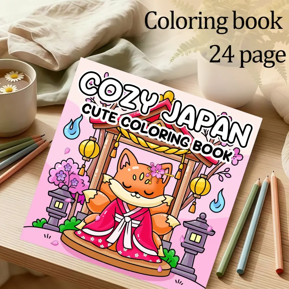 Comfortable Japanese Theme Coloring Book, 24 Pages Thick Paper, Original Healing Design, Ideal Gift for Adults, Teens, Christmas, New Year