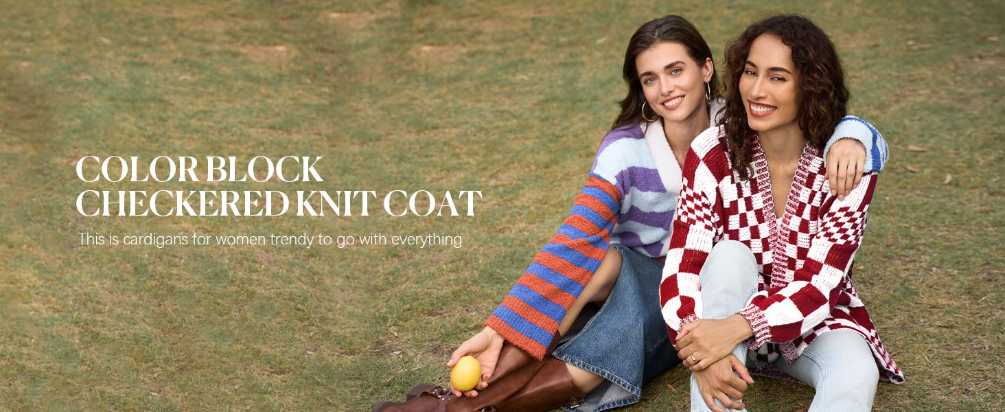 Saodimallsu Womens Checkered Sweater Color Block Plaid Cardigans Oversized Long Sleeve Knit Open Front Coats