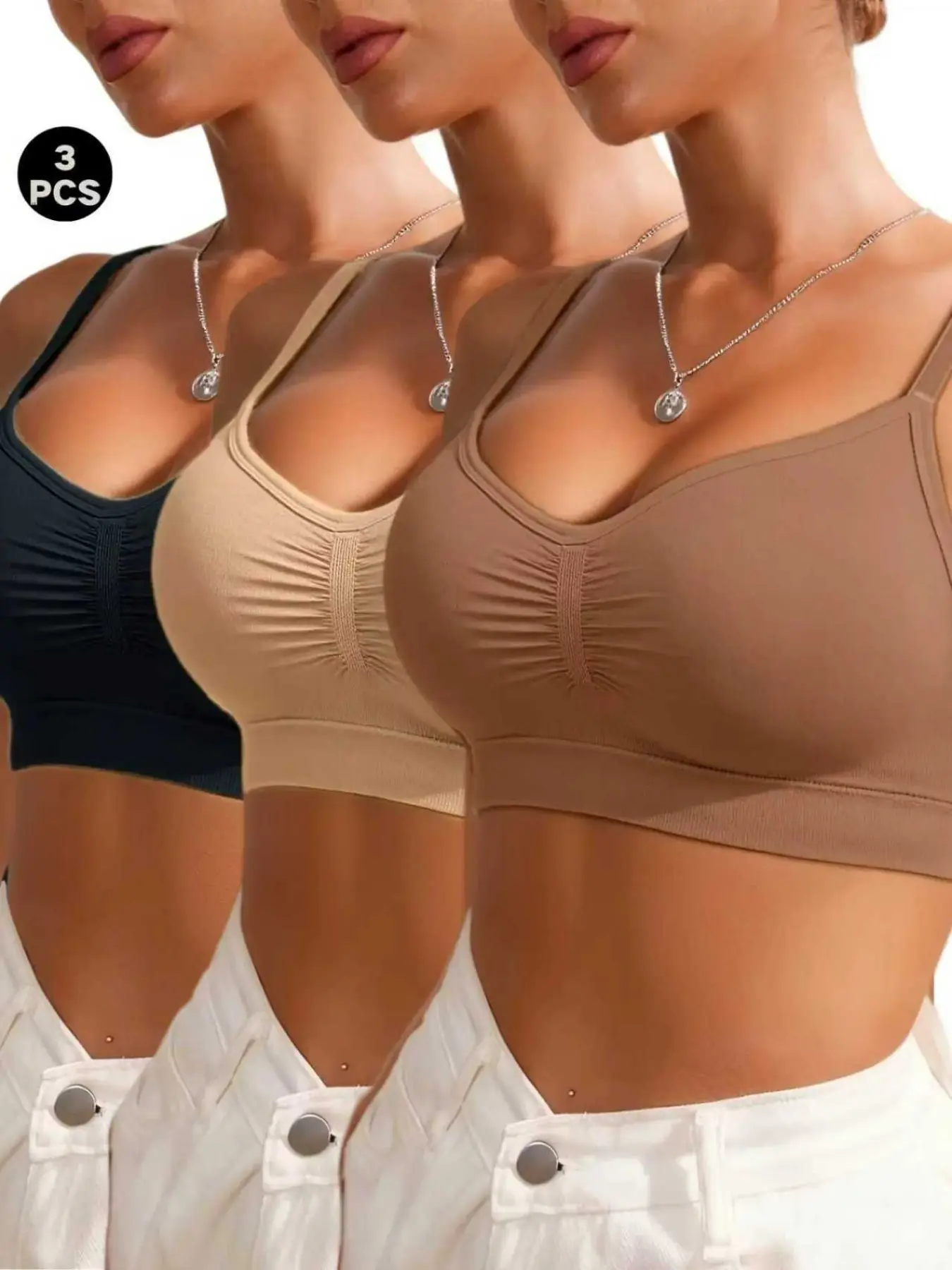 3 Pack Women’s Basic Soft Wireless Bras, Seamless Adjustable Strap Bralette Tops, Comfortable Padded Stretch Bra Set for Daily Layering, Home Wear, Sleep and Casual Looks