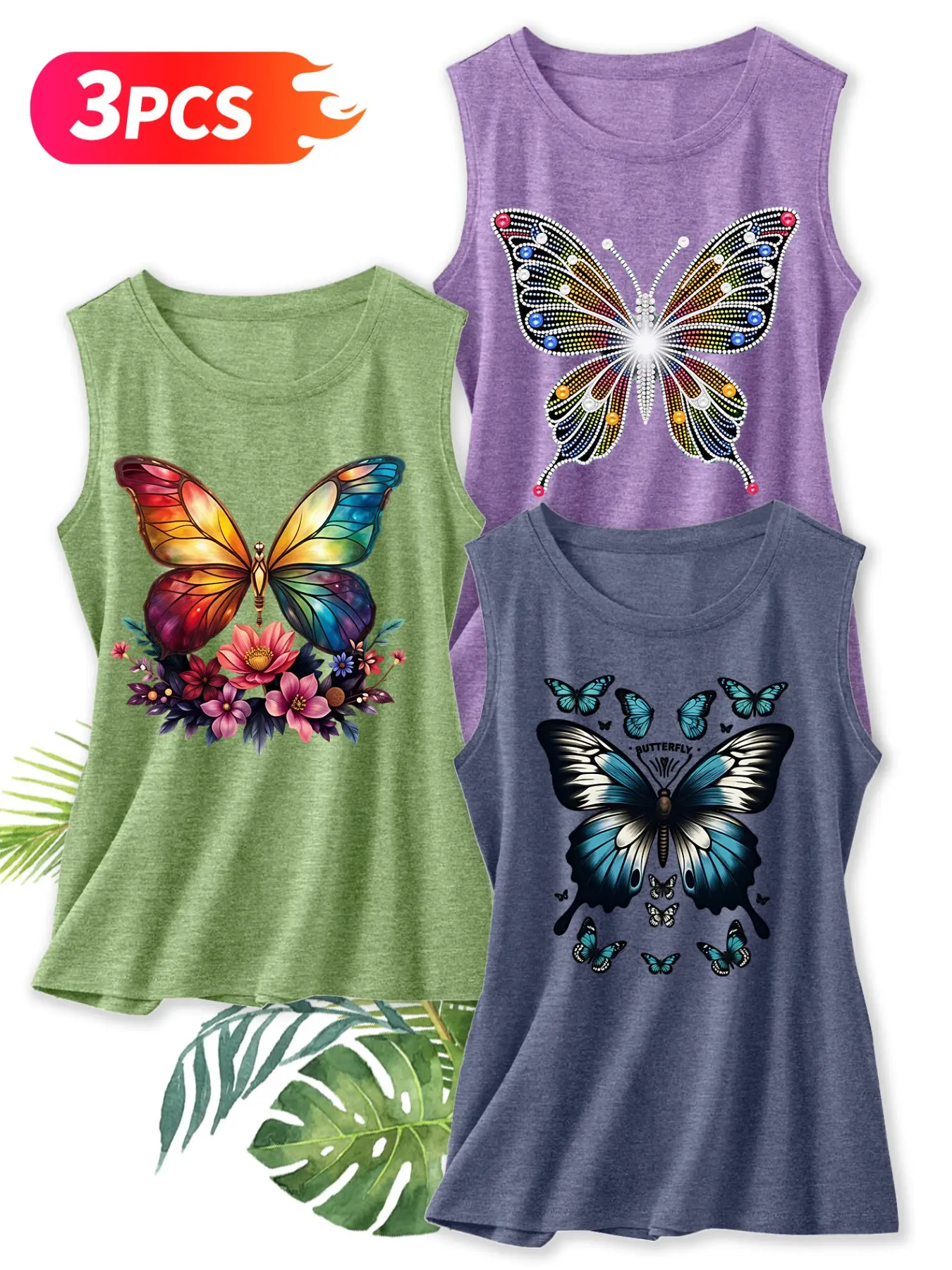 3Pcs Women Crew Neck Tank Top, Casual Fitted Sleeveless, Vibrant Floral Butterfly Dreamy Exquisite Print, Multi-color Washable Spring Summer Top, Soft Skin-friendly Fabric Daily Versatile Fashion Design