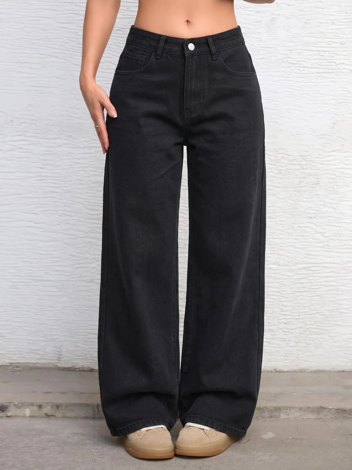 Women's High-Waisted Straight Leg Jeans, Loose Fit Wide Leg Pants, Long Drop Hem, Fashionable Denim Trousers, Slimming and Tall Look