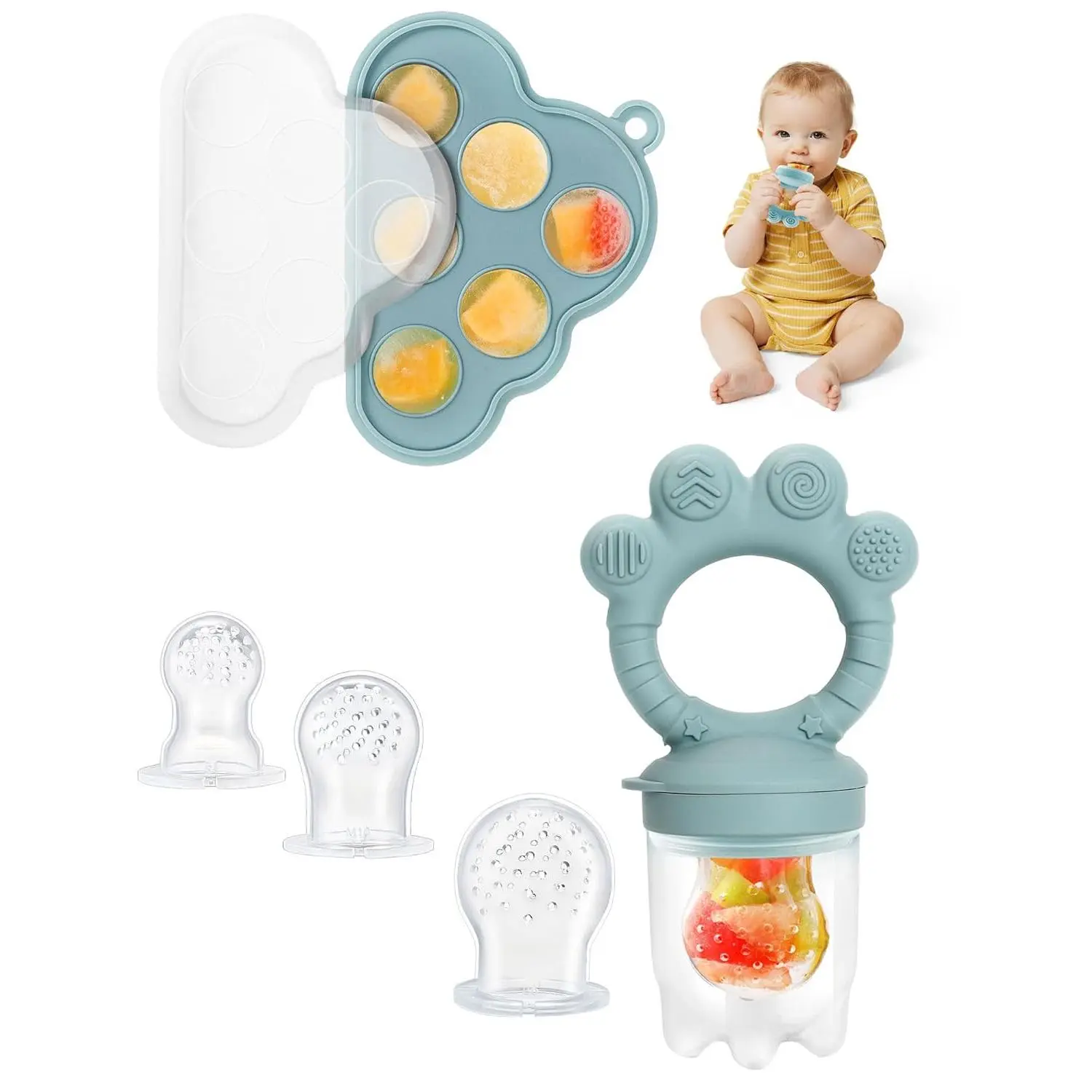 4-in-1 Baby Breastmilk Popsicle Molds & Fruit Feeder, Silicone Teething Pacifier  Toddlers, Easy-Clean Self-Feeding Storage Containers  Infants (Blue) New model utensil