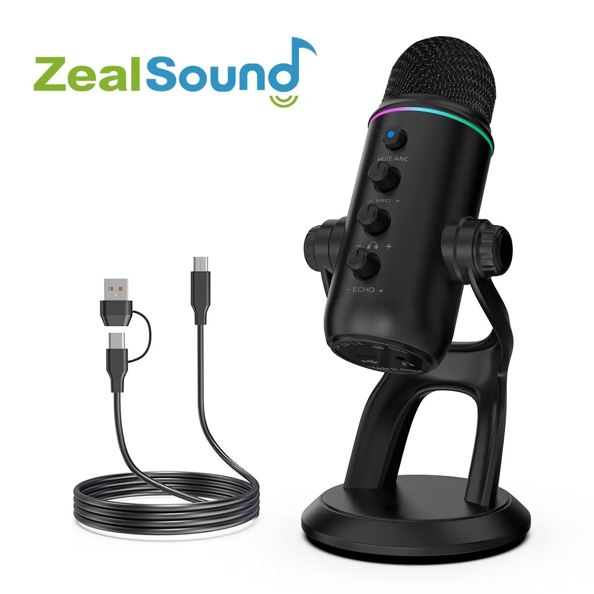 Zealsound USB Condenser Microphone, Plug-And-Play RGB Gaming Mic, RGB Light Mic, Noise Reduction, Gain Control, 3.5mm Monitor Jack, for PC, Phone, Streaming, Live Streaming Mic, Podcasting,Recording