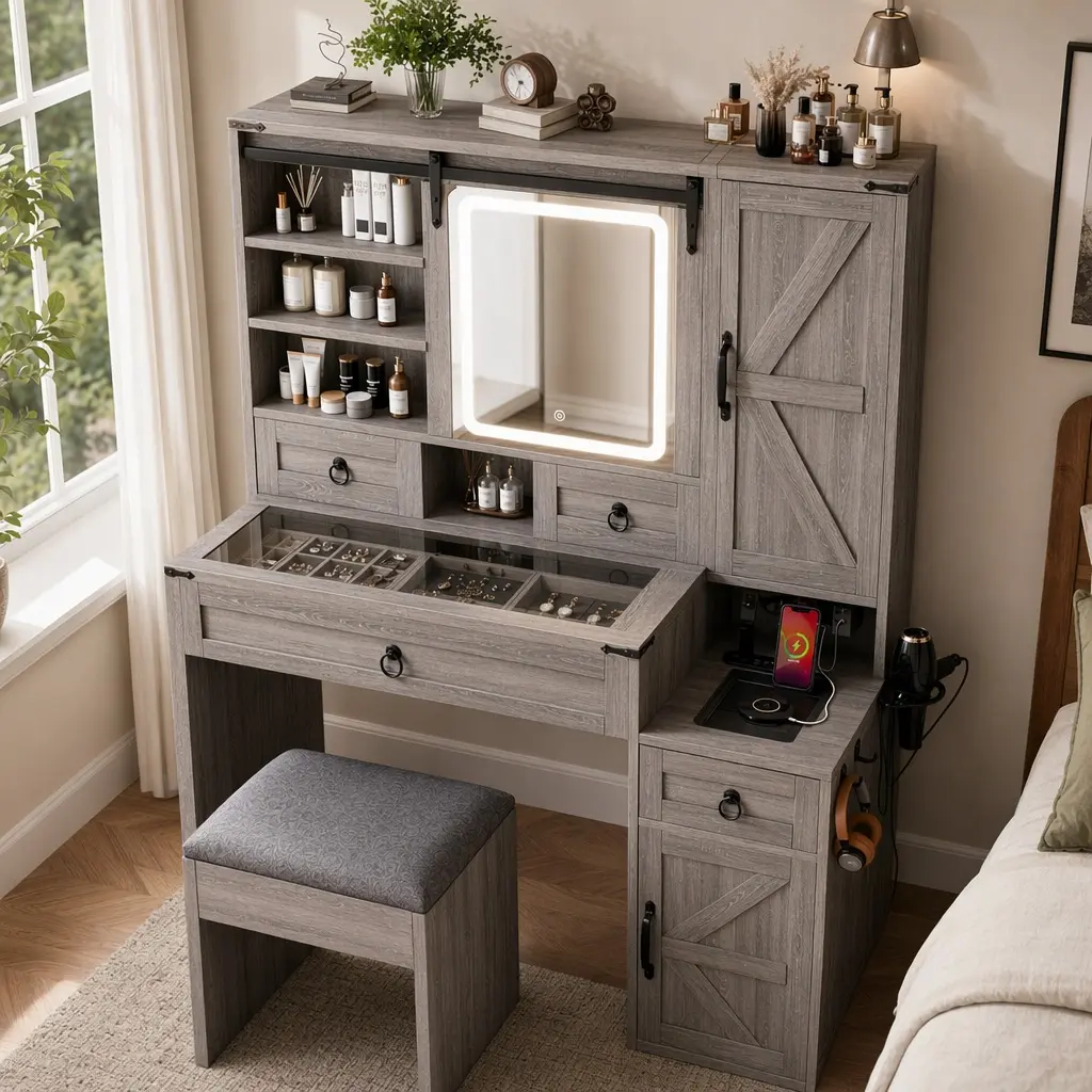 Farmhouse Built-In Mirrored Vanity Desk Set with Sliding LED Mirror, Charging Station, Glass Top, 4 Drawers, 2 Cabinets, Stool - Gray/White Wood Dressing Table for Bedroom