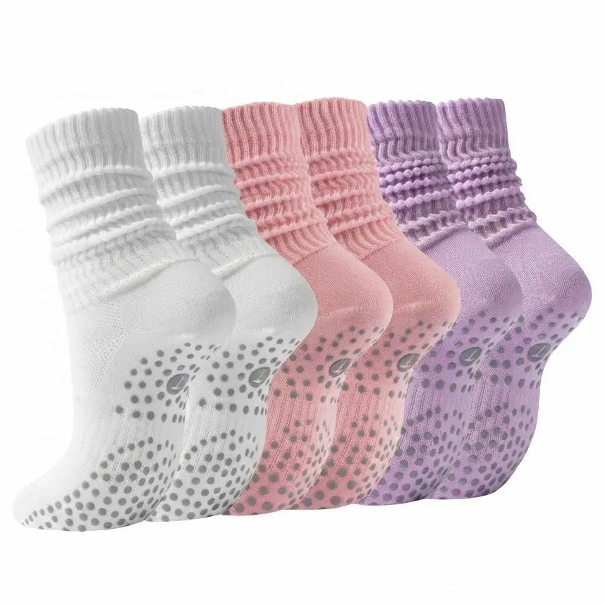 3 Pairs Women Non Slip Pilates Grip Socks,Scrunch Crew Yoga Socks, Seamless Toe Breathable Socks For Barre Ballet Workout Sport Dance