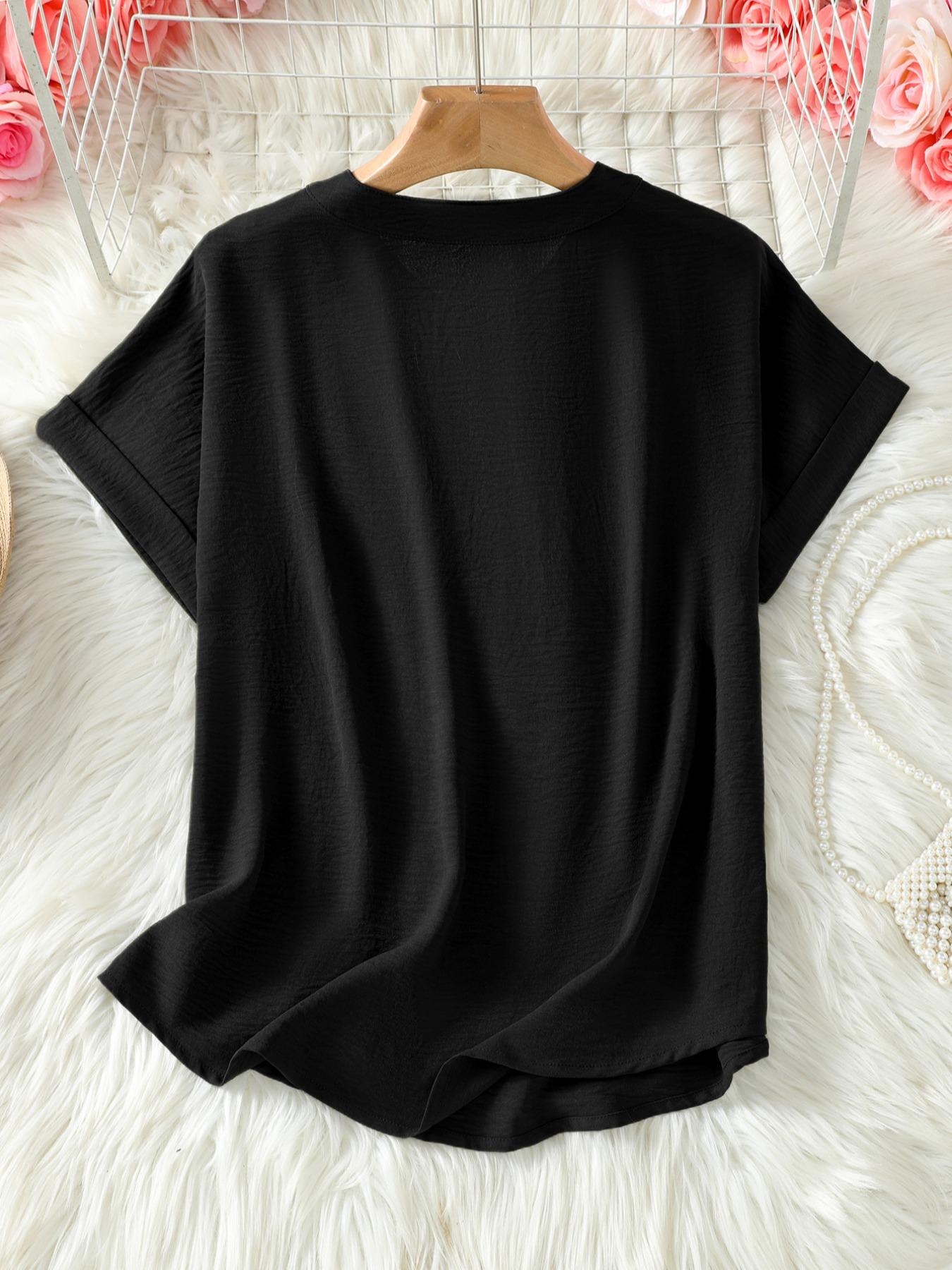 Elegant Polyester V Neck Loose Fit Short Sleeve Blouse Shirt for Women, 100% Polyester, Regular Length, 145g/m&sup2;, Casual Weekend Top Womenswear