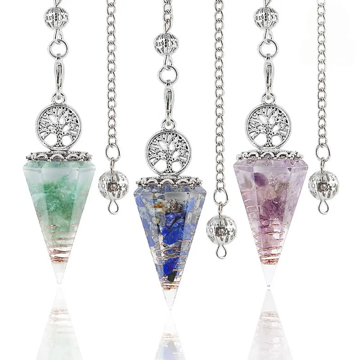 Natural Stone Spirit Pendulum Pendant with Latticed Chain - Hexagonal Cone Pendulum Charm, Resin Crystals Meditation Aid, DIY Necklace Accessory, Calming Energy Self Care Gift for Her