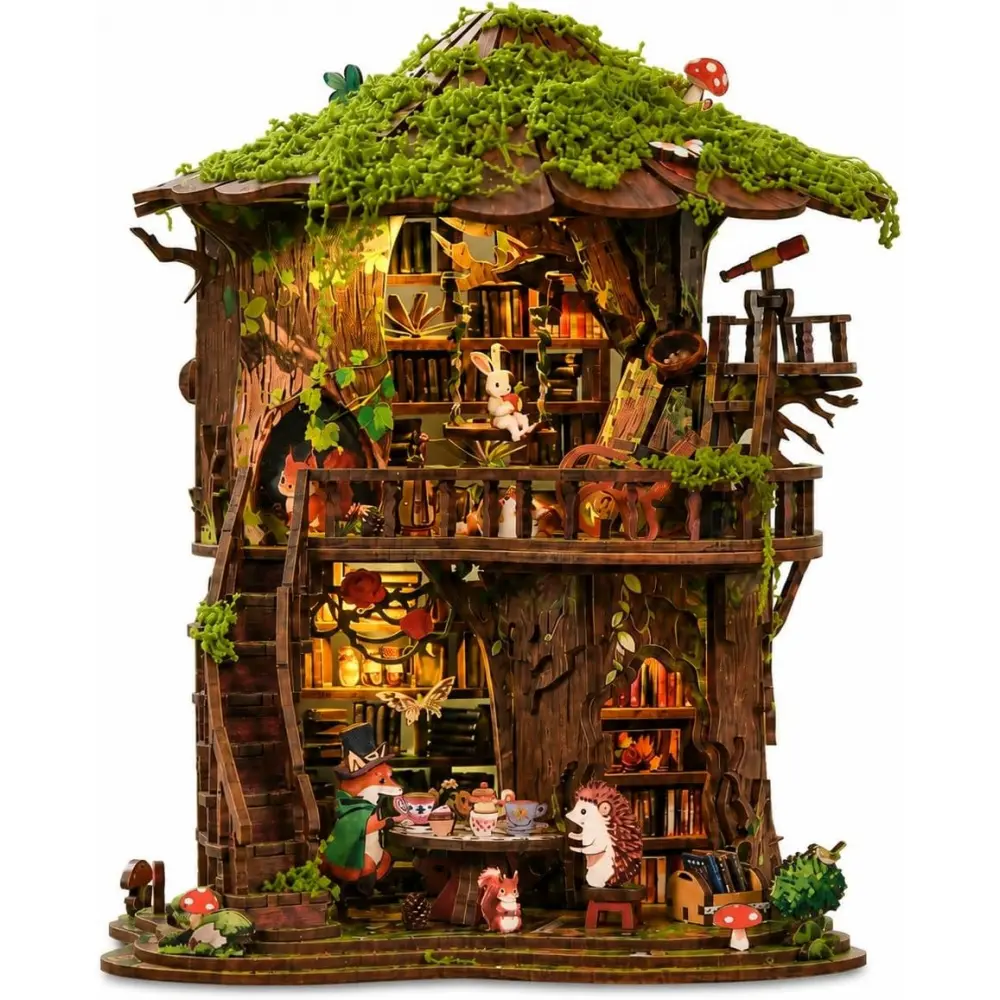 Roroom 3D Puzzles for Adults, Woodland Treehouse Book Nook Kit with LED| Wooden DIY Miniature House Kit for Adults, Bookshelf, Desk and Bedside Room Decor, Relaxing Craft Project, Creative Gift