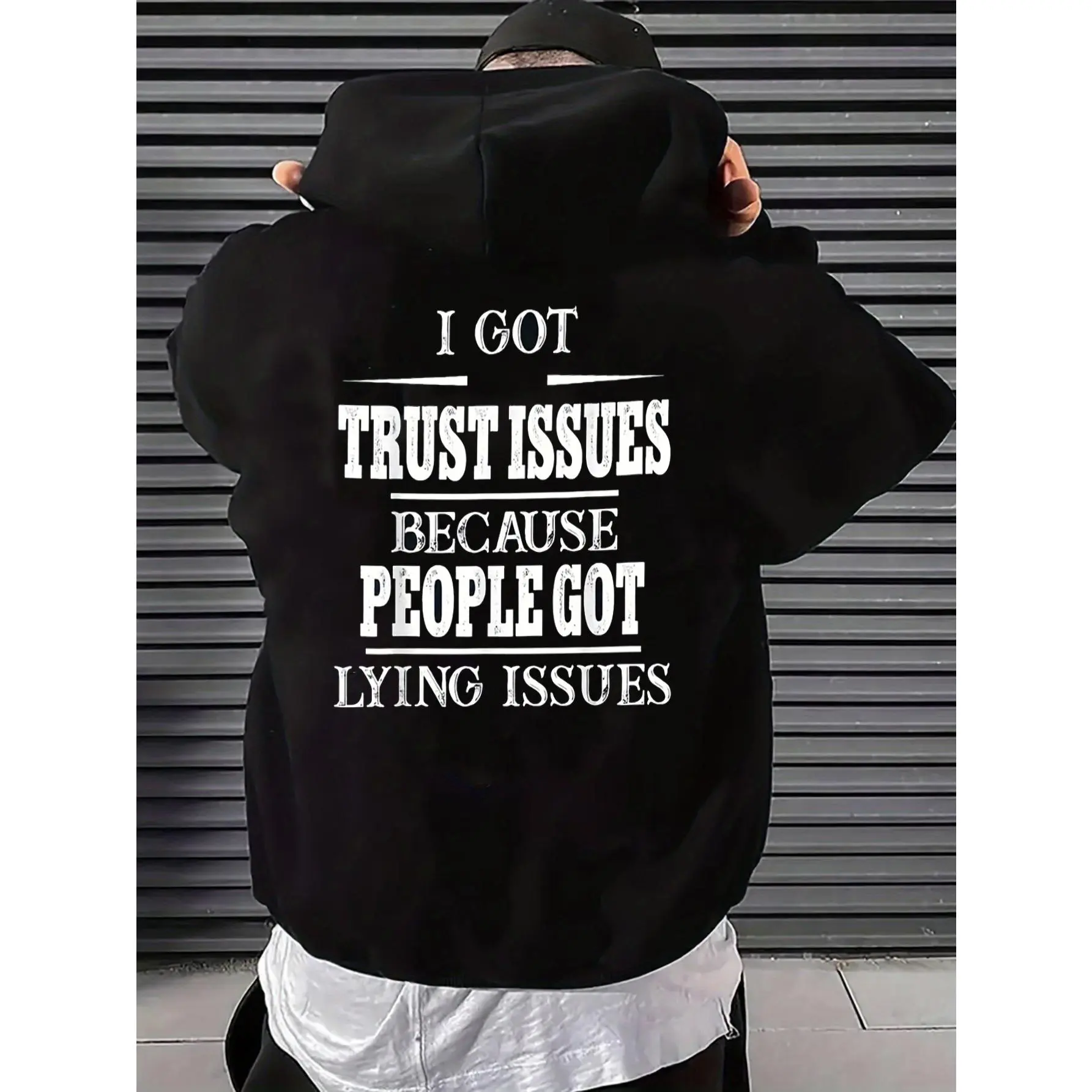 Men's Oversized Pullover Hoodie, Fleece-Lined Cotton Shell Sweatshirt with "Trust Issues" Back Graphic and Kangaroo Pocket, Casual Menswear, Fabric, Matching, Soft, Fuzzy, Loose