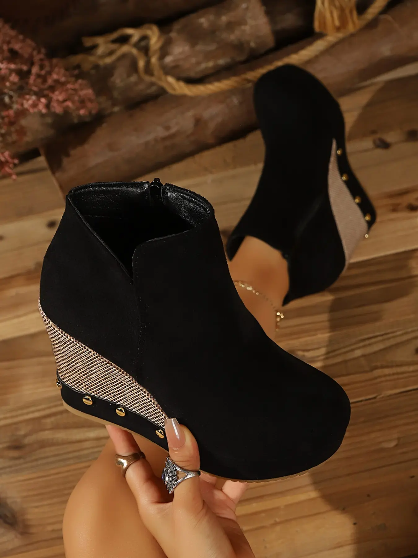 New Western Style Metal Rivet Braided Wedge Short Boots, Faux Fur Lining Comfortable Heeled Commuter Anklet Women's Shoes