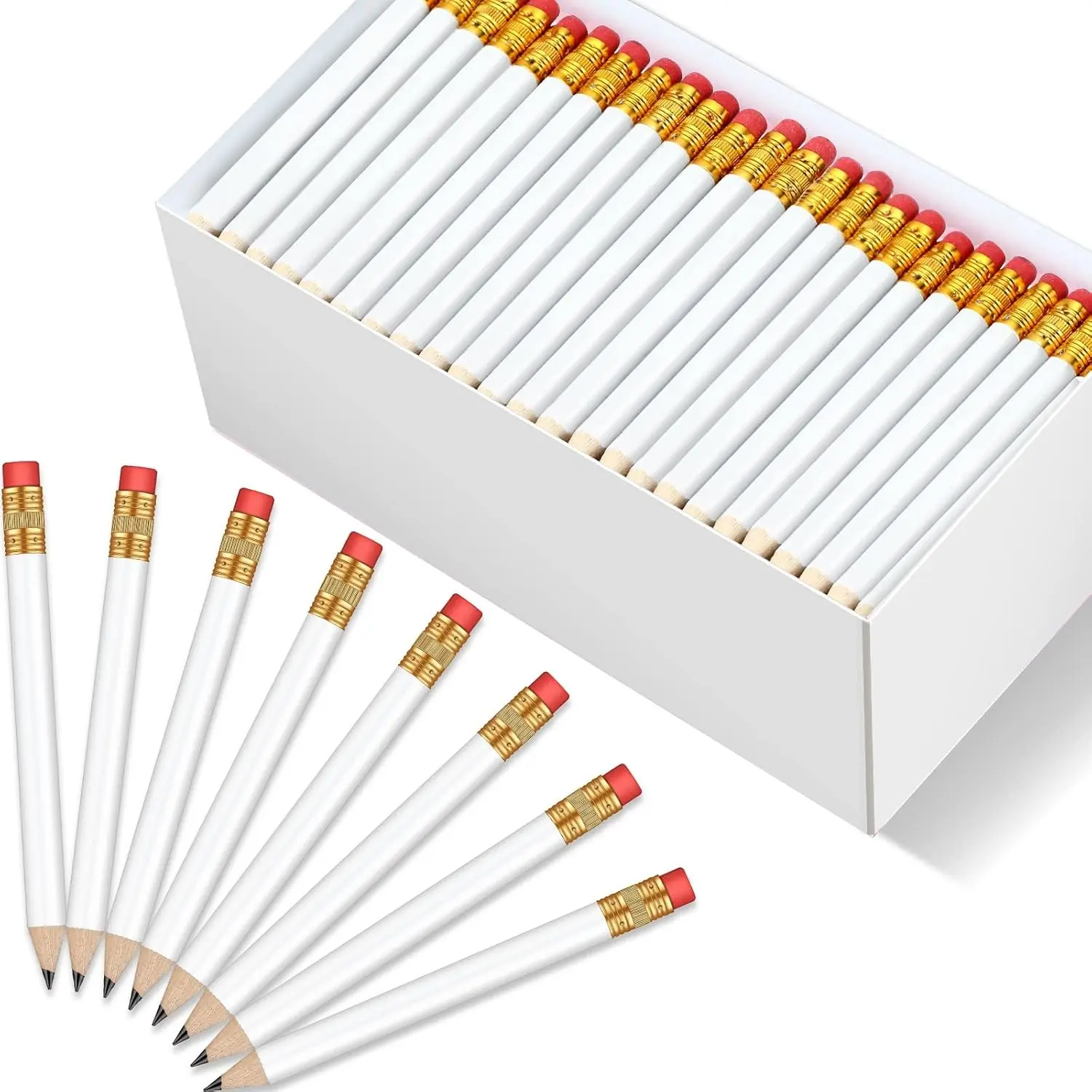 144 Pcs Golf Pencils Bulk, #2 HB 4 Inch Mini Half Short Pencils with Eraser, Pre-Sharpened for Writing Marking Sketching, Classroom Game Essentials, Back to School Supplies(White,Round)