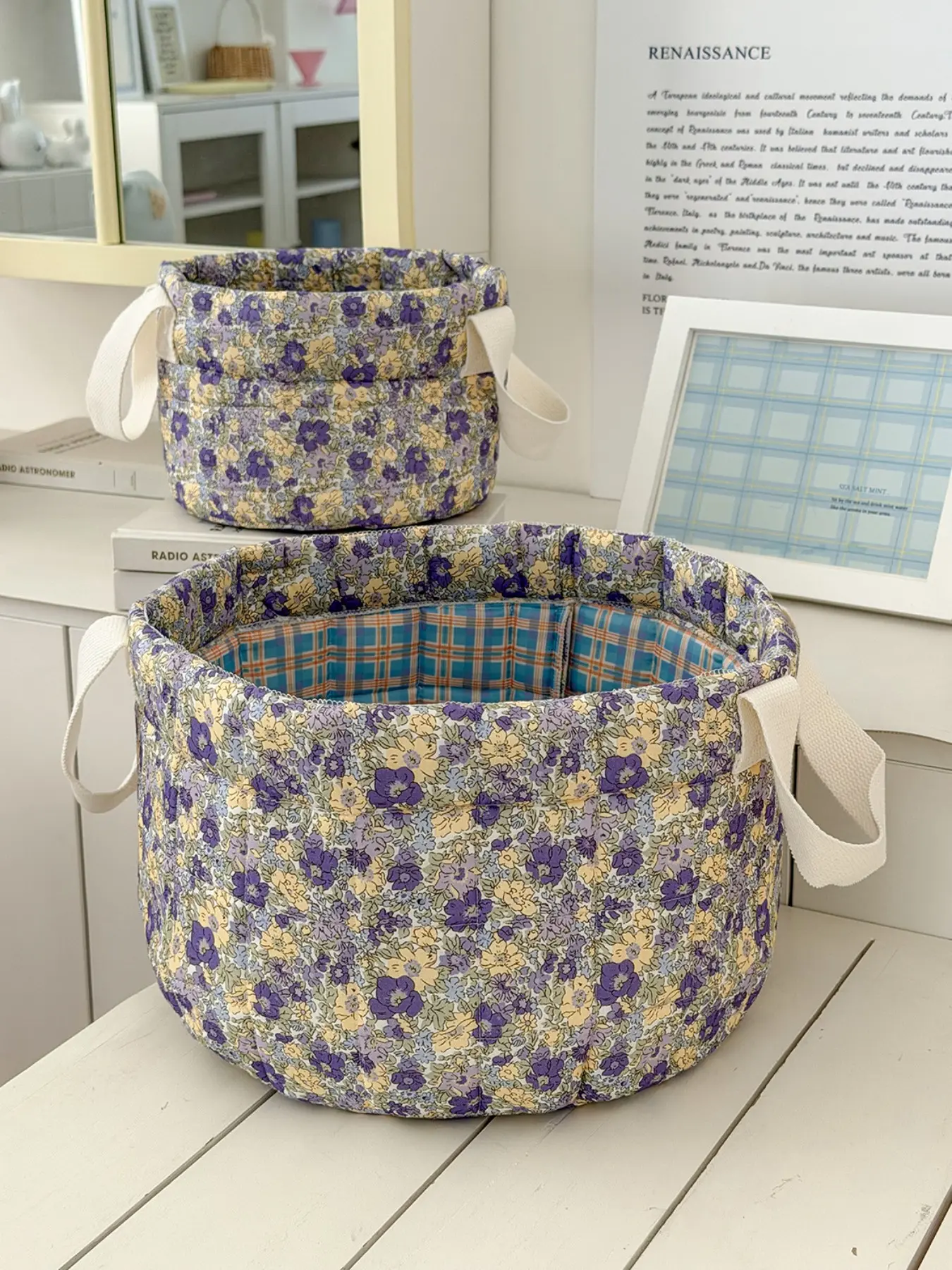 Purple Yellow Ditsy Floral Quilted Round Storage Basket with Carry Handles, Open Top Foldable Organizer Bin for Clothes, Toys, Skincare & Bedroom Desktop Sundries, Multiple Quantity Options Available