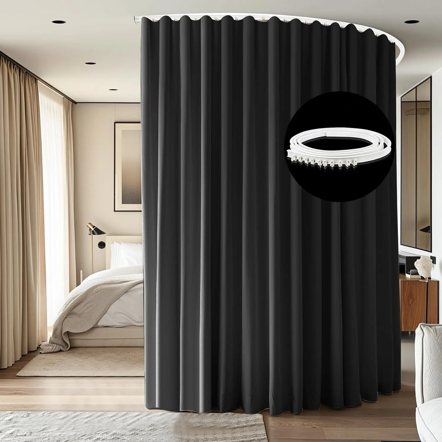 Ceiling-Mounted Flexible Track System Room Divider Curtains - Polyester Plain Fabric, Soundproof Blackout, Flexible Arcs, 1 Black Drape & White Rail, 8.3ft W x 7ft H, Bedroom Privacy Partition Separator