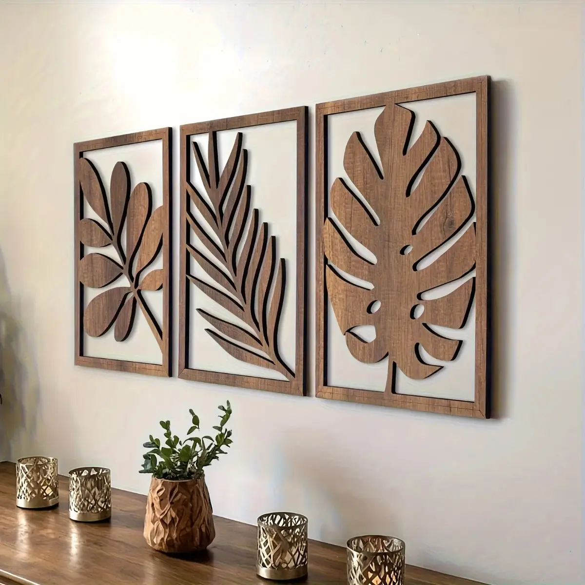 Bohemian Wooden Wall Art, 3-Piece Rustic Plant Plaques - Artistic & Lightweight Wall Mount Panels for Living Room, Bedroom