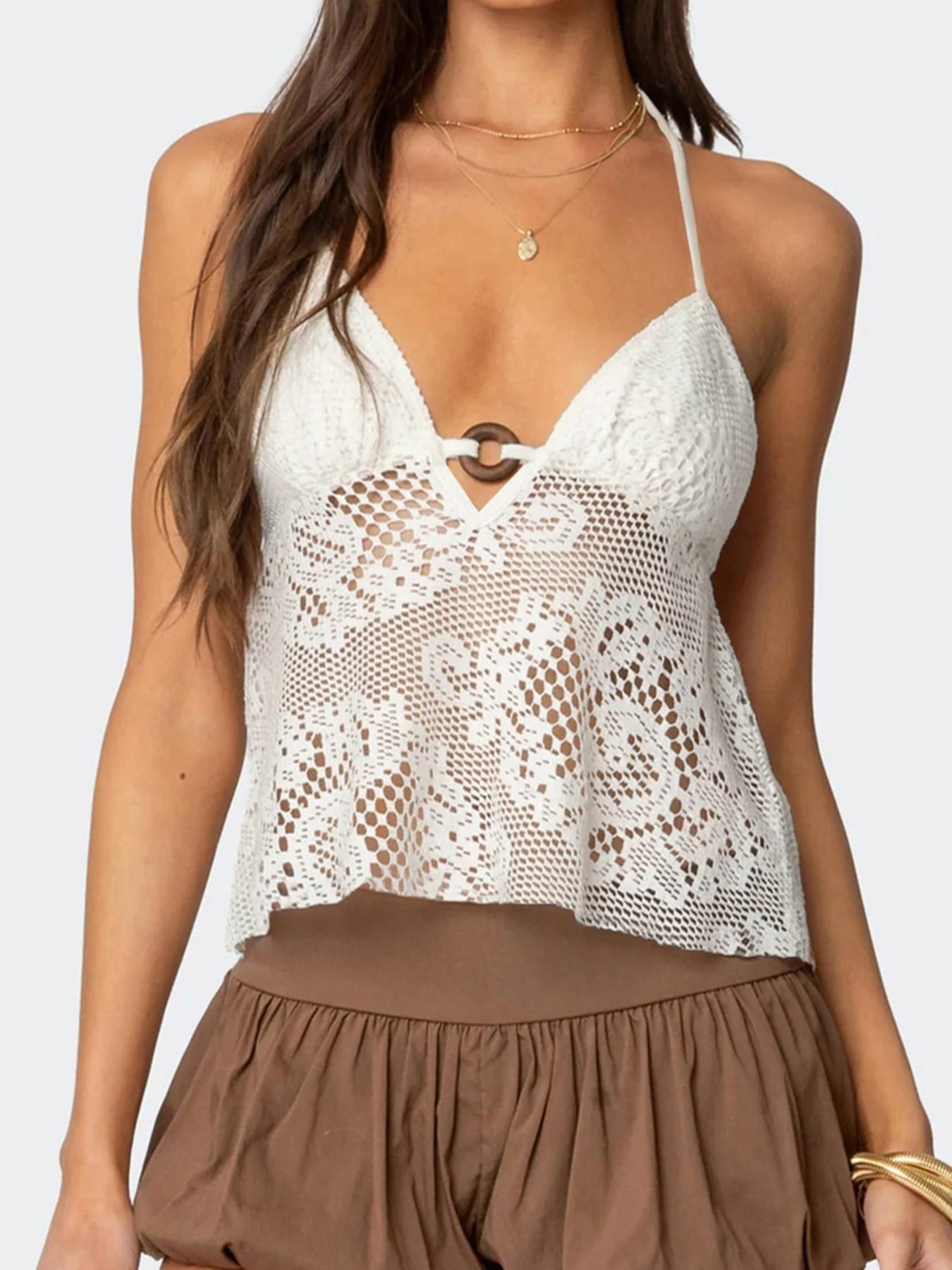 Women's Solid Hollow Out Halter Neck Top, Casual Basic Sleeveless Fitted Crochet Top for Beach Holiday Vacation, Ladies Clothes for Summer, Womenswear, Bohemian Sleeveless Top, Breathable Sleeveless Top, Boho Sleeveless Top