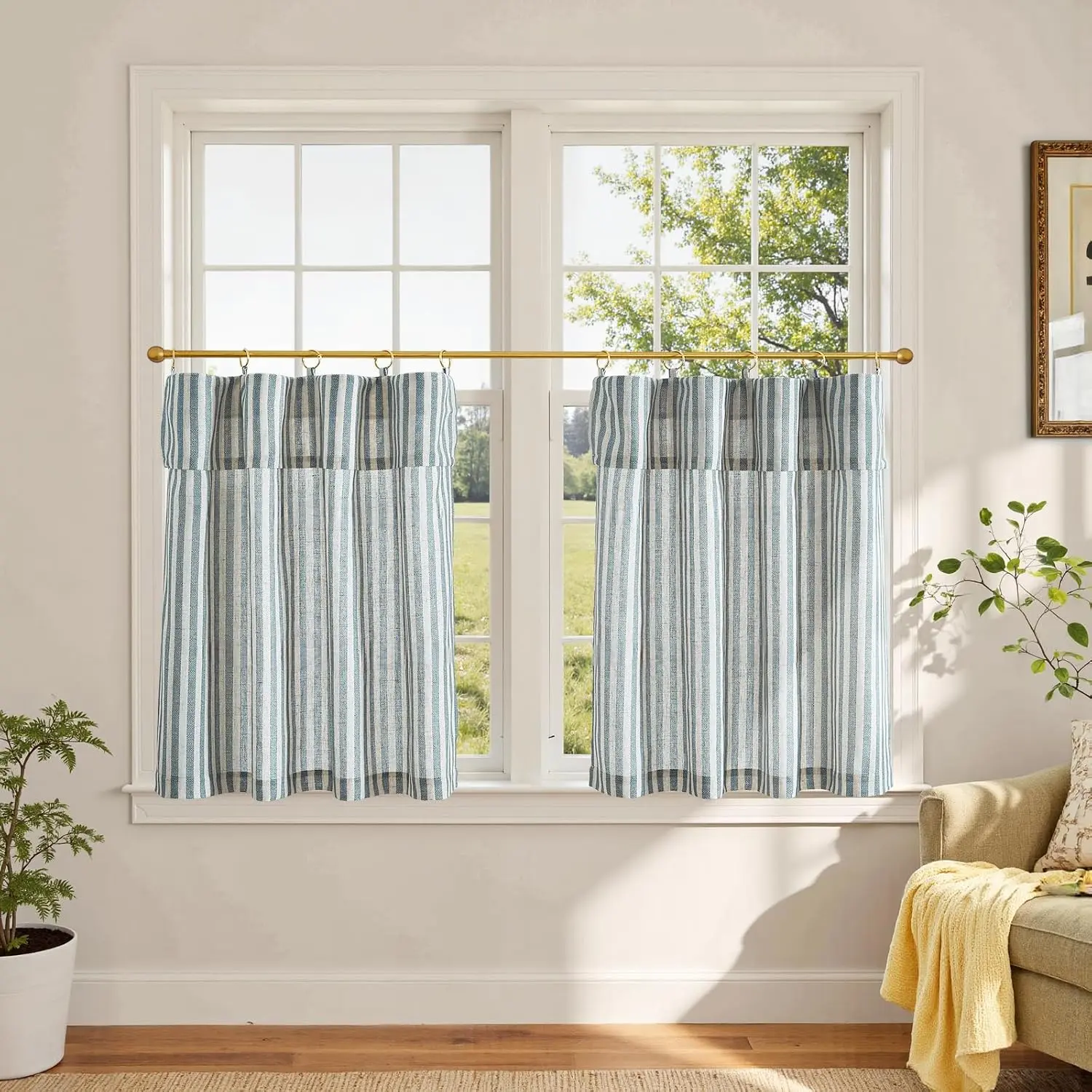 Striped Curtains with, 24 Inch, Blue| Light-filtering with sewn-in valances for kitchens, bathrooms, laundry rooms and small windows.