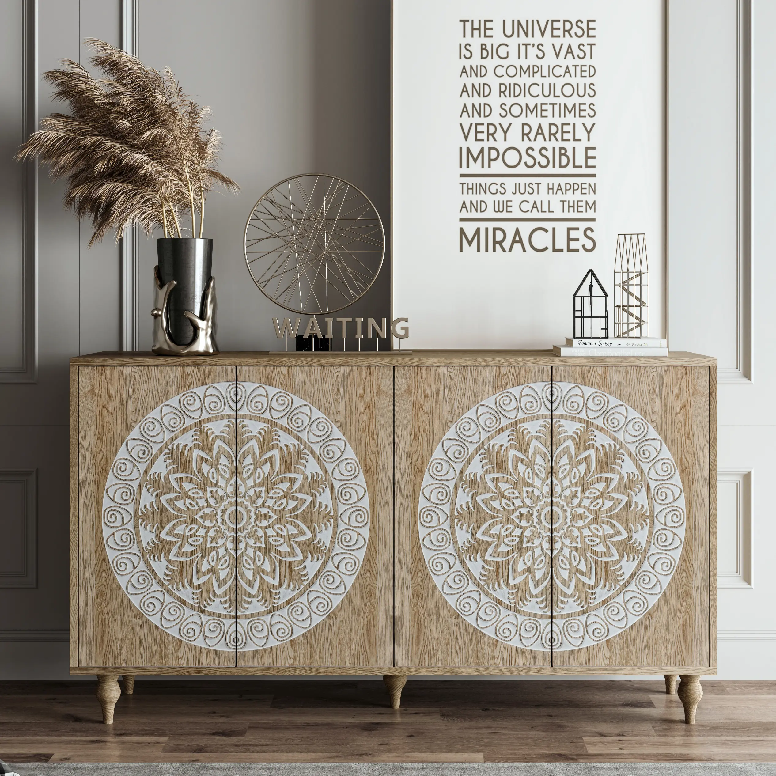 ARCH 60 Inch Vintage Mandala Carved Sideboard Buffet Cabinet, Light Oak Grain 4 Door Boho Credenza with Adjustable Shelves, Mid-Century Elevated Legs Storage for Dining Room Living Room Entryway, Light Oak Color Options, Engineered Wood Material