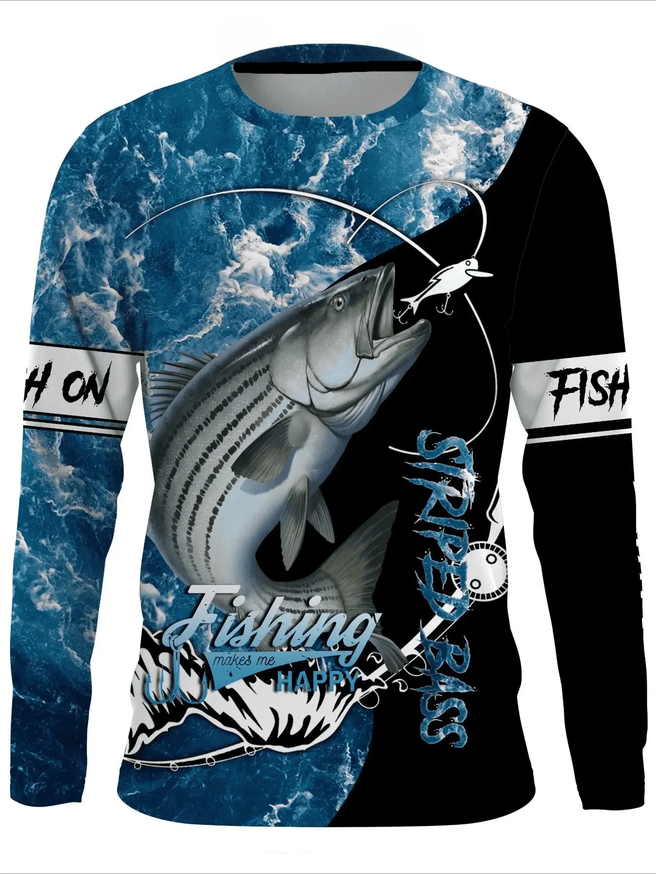 Men's Striped Bass Fishing Print Long Sleeve T-Shirt, Outdoor Sun Protection Round Neck Top, Quick-Dry Breathable Fabric, Casual Anglers Fishing Gear Pattern, Outdoor Fishing Clothing