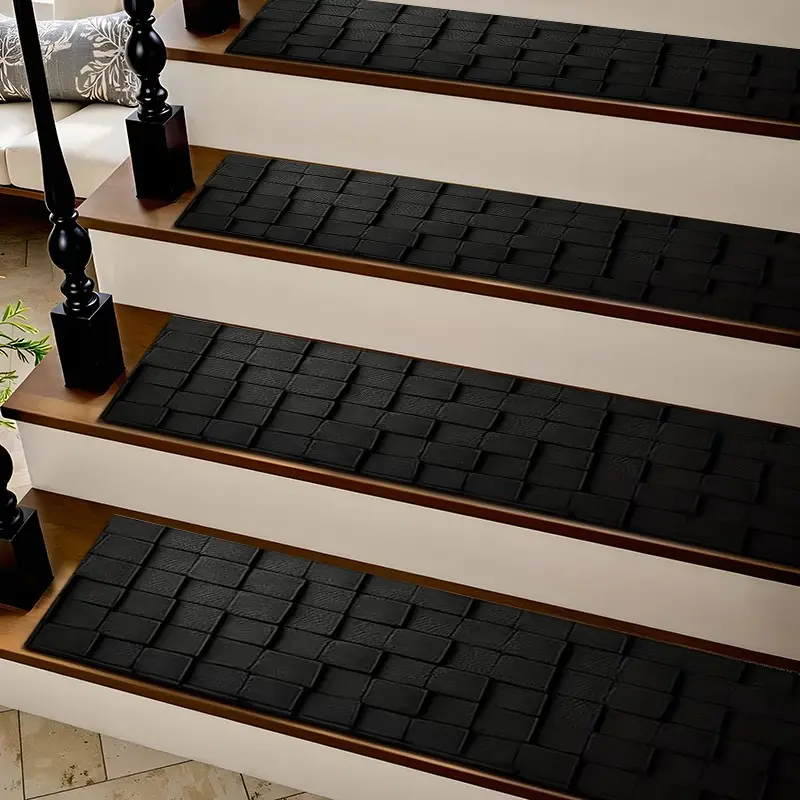 6/8/15pcs Diatom Mud Stair Treads, Super Absorbent Non Slip Carpet Mats for Wood Steps, Quick Drying Moisture Wicking Stair Runners,Solid Black Square Texture  Washable Rugs for Dogs Kids Elderly