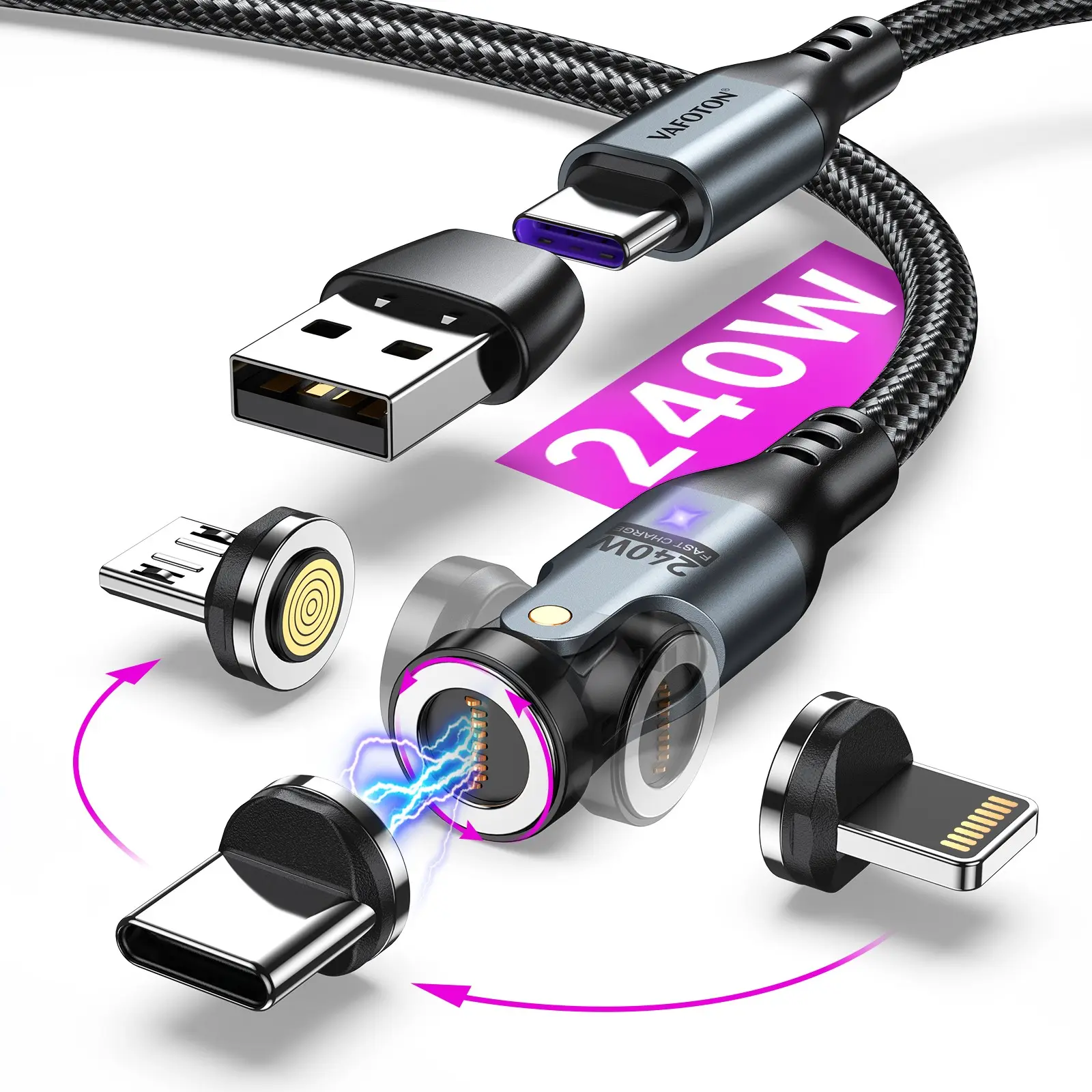 Aufu PD 240w Magnetic USB-C Charging Cable, 3.3ft/6ft, 360°/180° Rotation, 3-In-1 Interface, for iPhone 16/15, iPad, Macbook, Fast Charge