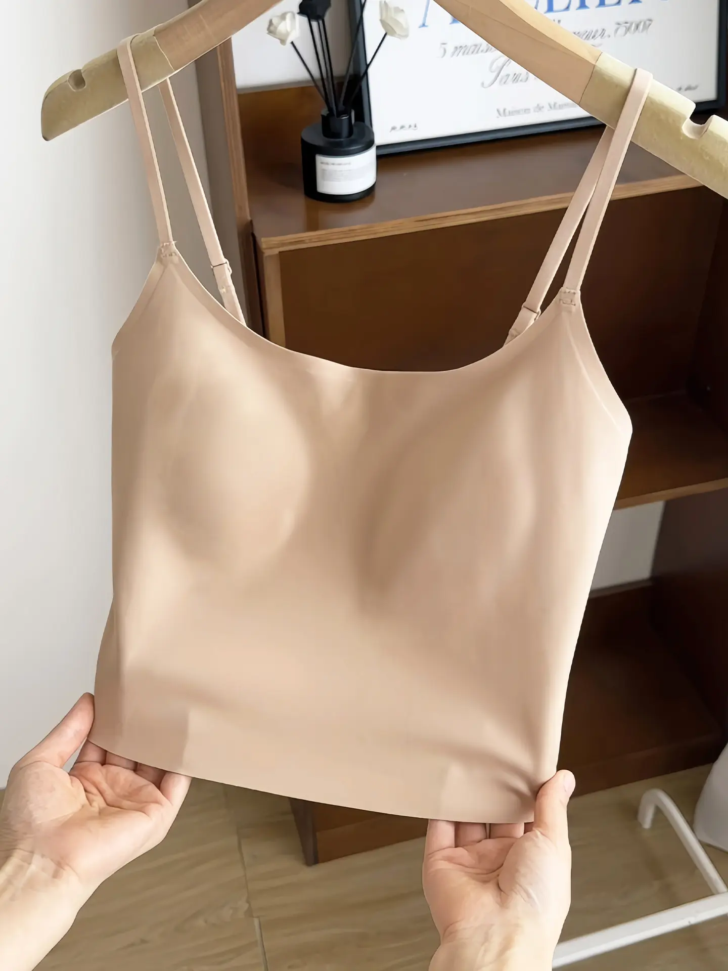 Women's Basic Fitted Japanese Seamless Camisole - 2-in-1 Tank Top with Built-in Bralette, Spaghetti Straps, Invisible Back, Smoothing, Anti-Exposure for Layering or Going Out (Nude Beige), Sleeveless, Elastane, Solid Plain, Backless, Elegant, Nylon