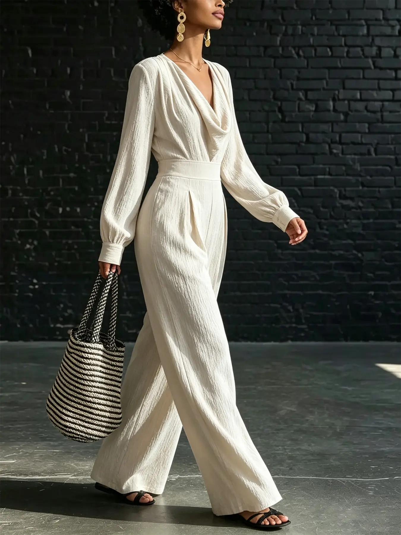 Women's beige swing collar long sleeved wide leg jumpsuit, with high waist and cinched waist, suitable for commuting, shopping, outdoor activities, Solid jumpsuits