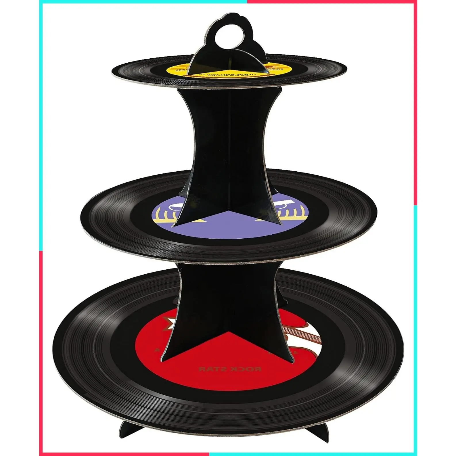 1950's Rock and Roll Music Theme 3-Tier Paper Record Cake Stand Cupcake Tower for 8-12 Cupcakes, Perfect for 50's Theme Party, Music Party, Birthday Party Supplies, Gift for Music Lover