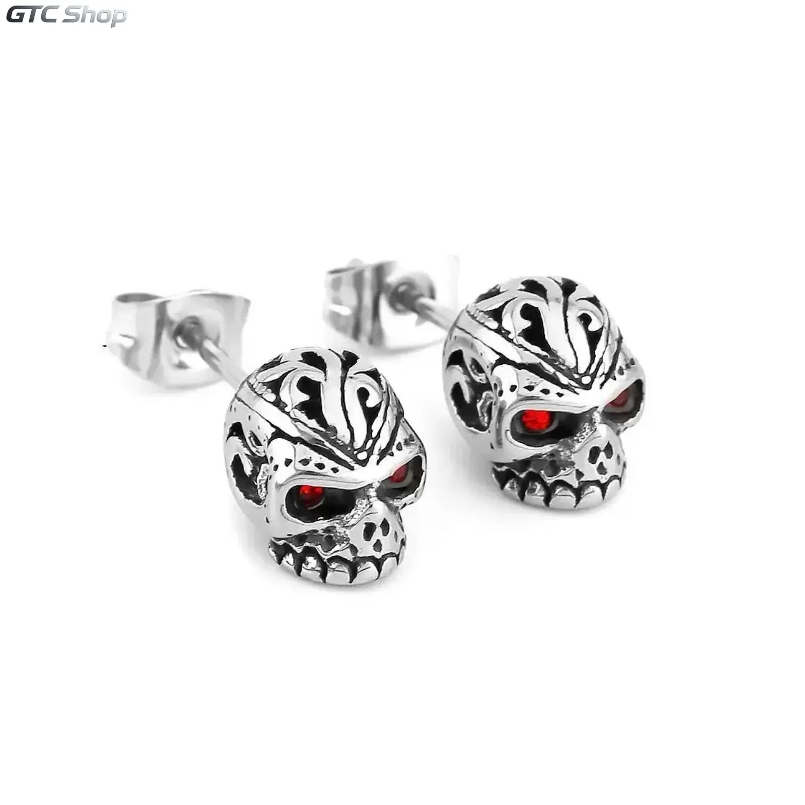 Gothic Skull Stud Earrings for Men Women, Vintage Carved Stainless Steel Punk Ear Jewelry with Red Rhinestone Eyes, Hypoallergenic Y2K Ear Stud, Halloween Party Daily Wear Gift