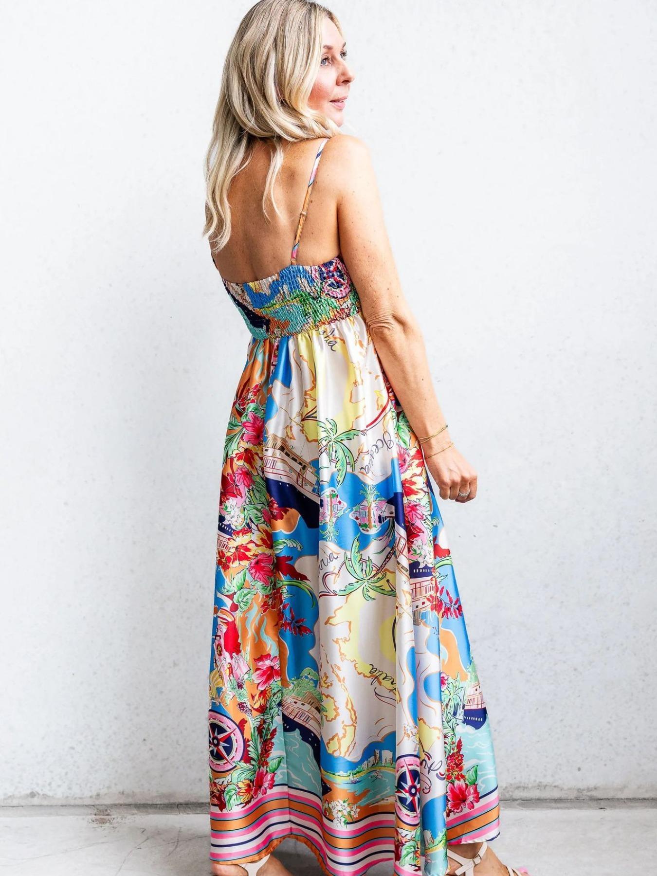 Women's All Over Print Cami Dress, Boho Casual Sleeveless Spaghetti Strap Dress for Beach Holiday Vacation, Ladies Spring & Fall Clothes