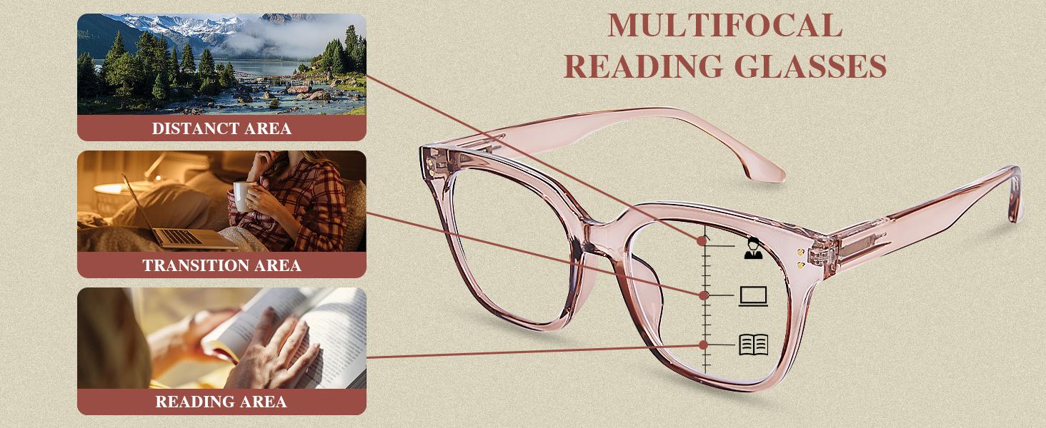 Progressive Multifocus Reading Glasses for Women Men Oversized Anti Blue Light Blocking Readers Square Eyeglasses