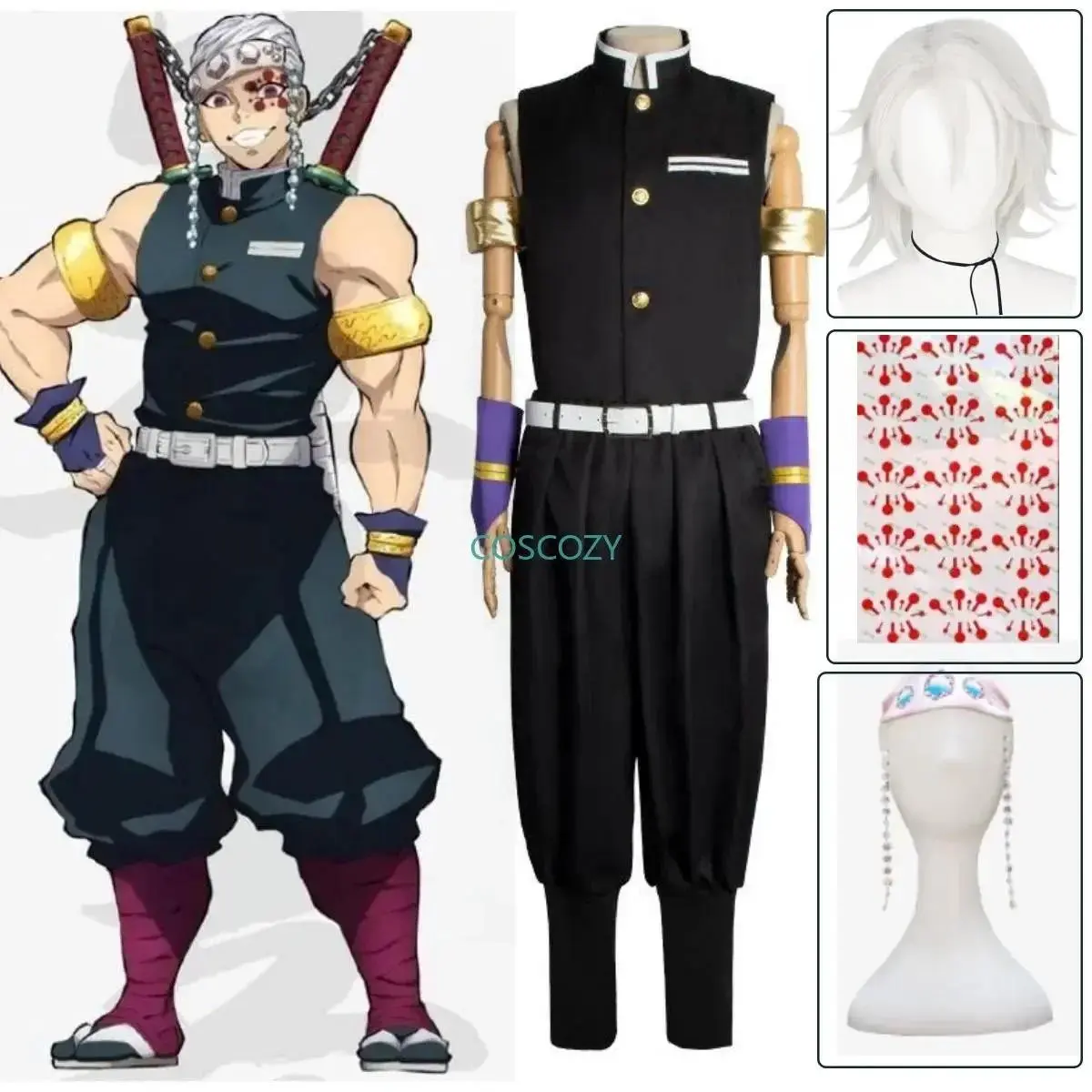 Adult Men's Sleeveless Anime Demon Slayer Uzui Tengen Cosplay Team Uniform Set - Halloween Cartoon Character Outfit with Cloth Wig Stickers, Includes Wig, Tattoo Stickers (Festive Party Supplies)
