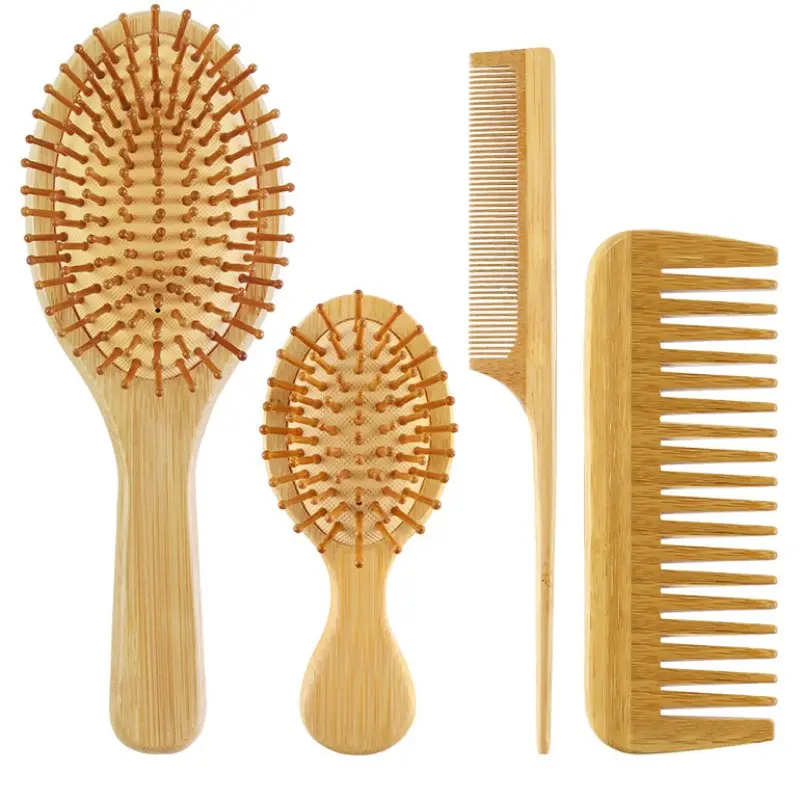 Bamboo Hair Comb Set, 4-Count Natural Bamboo Paddle Detangling Hairbrush, Wide-Tooth and Tail Comb, Smoothing Hair Styling Tools for Women and Men, Curly Hair Care Grooming Gift, Hair Care Accessories