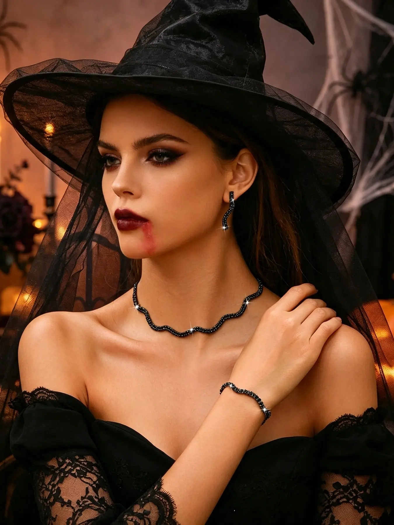 Vintage Jewelry Set, Gothic Necklace Earrings Bracelet, Elegant Plain Design, Perfect for Halloween Witch Party, All Seasons Wear